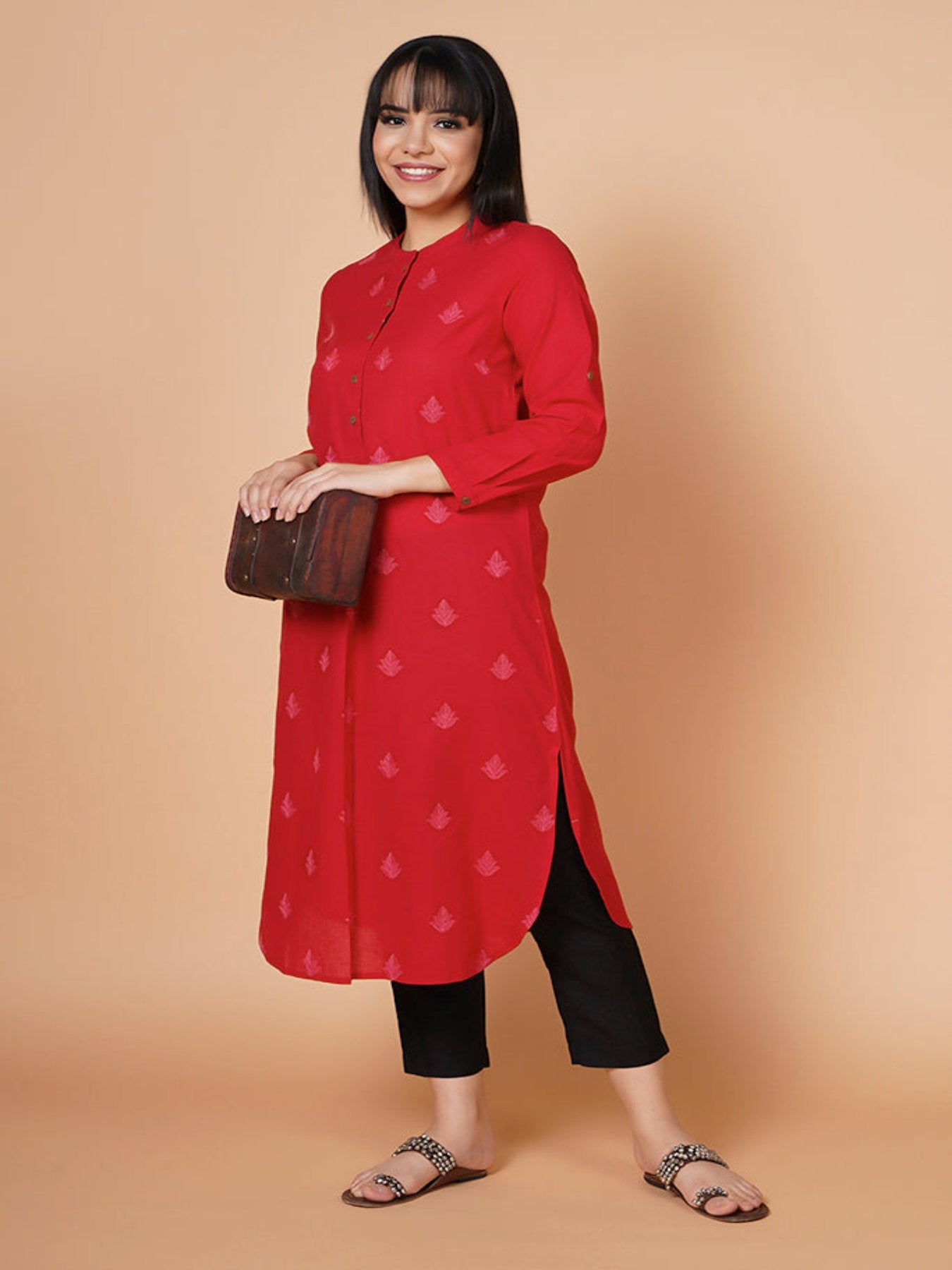 Deep Red Coral Embroidered Round Hem Kurta