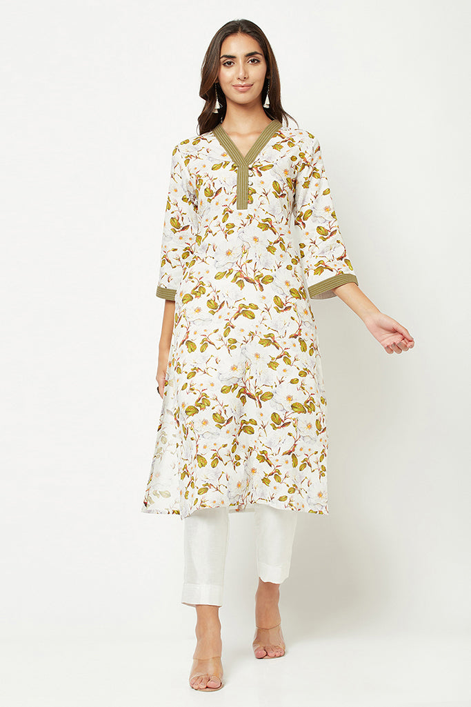 Green And White Floral Kurta