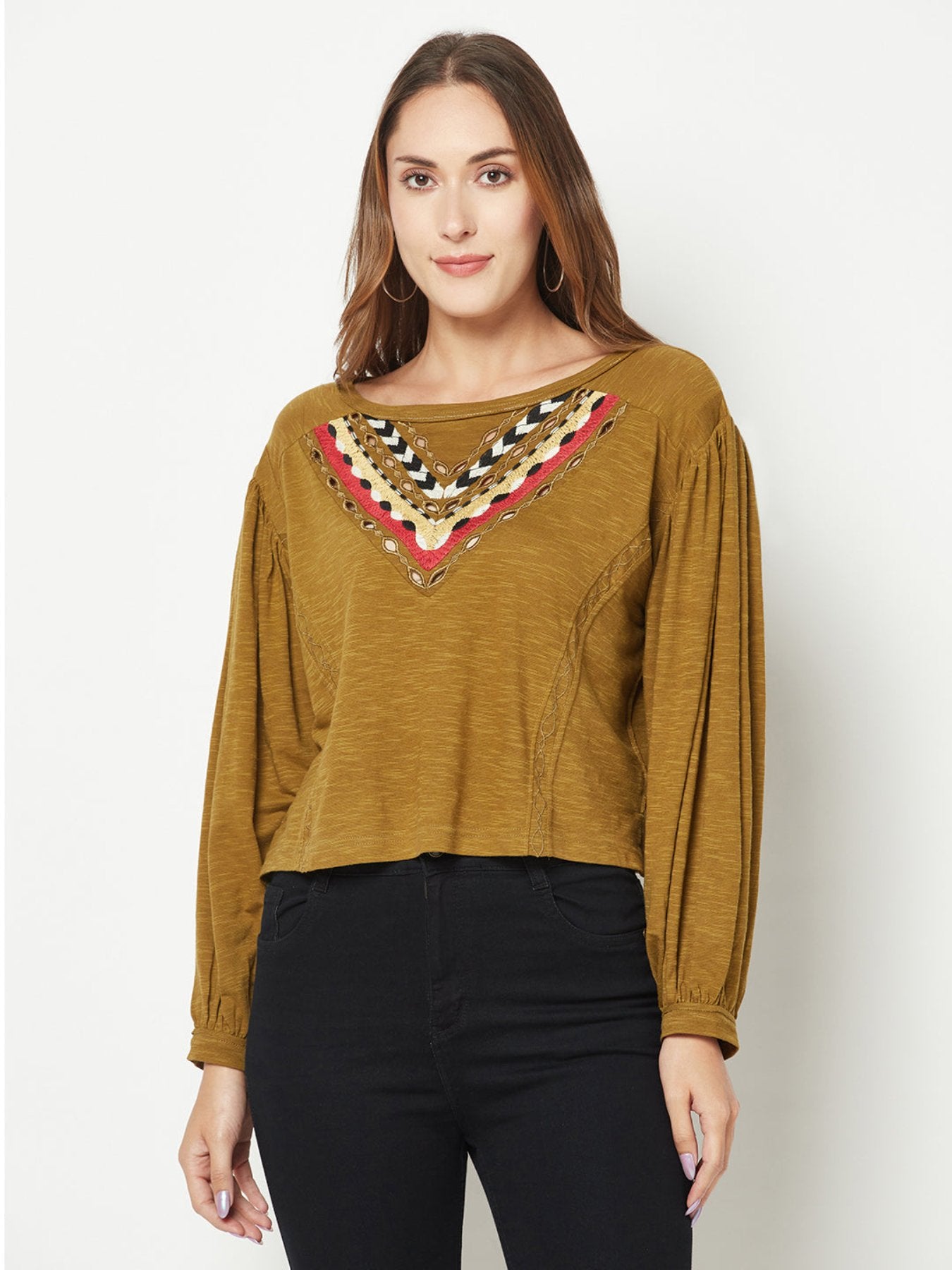 Olive Embroidered Balloon Sleeve Top