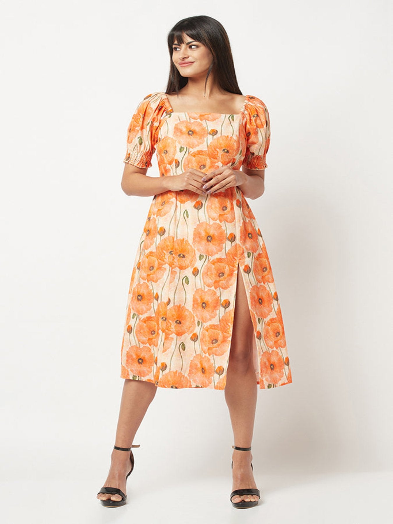 Orange Floral Slit Dress