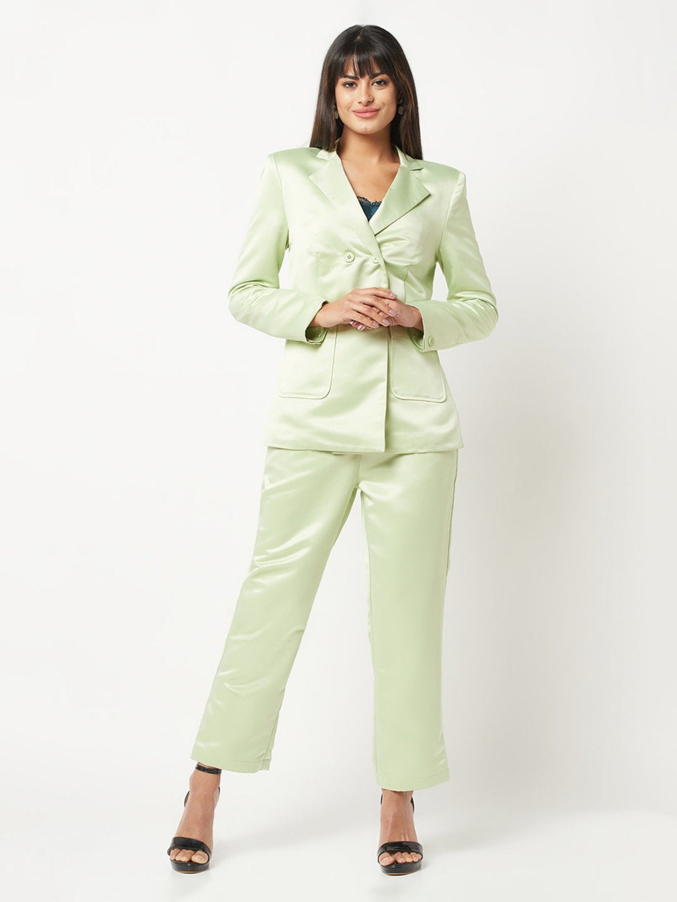 Light Green Satin Power Suit