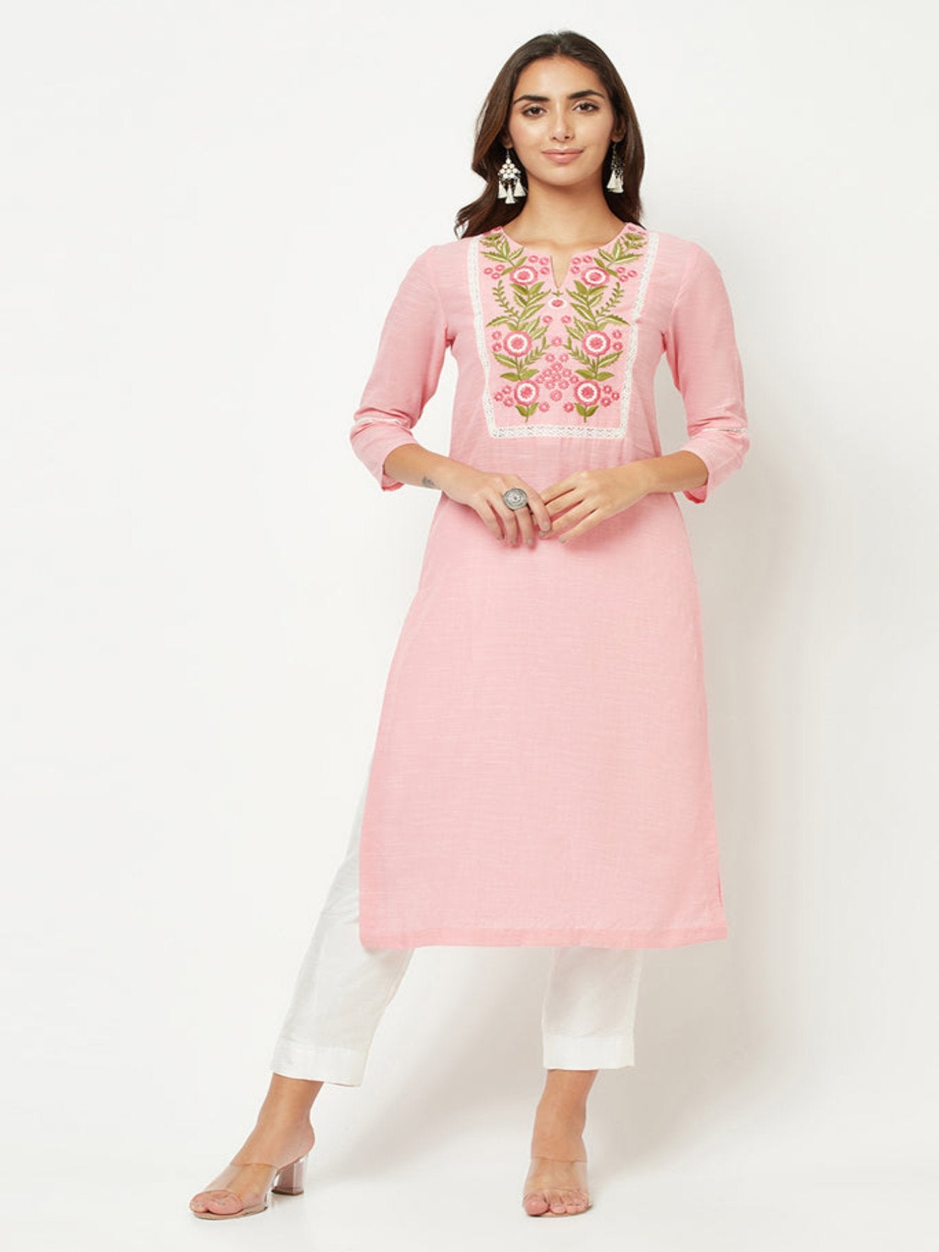 Pink Yoke Embroidered Kurta