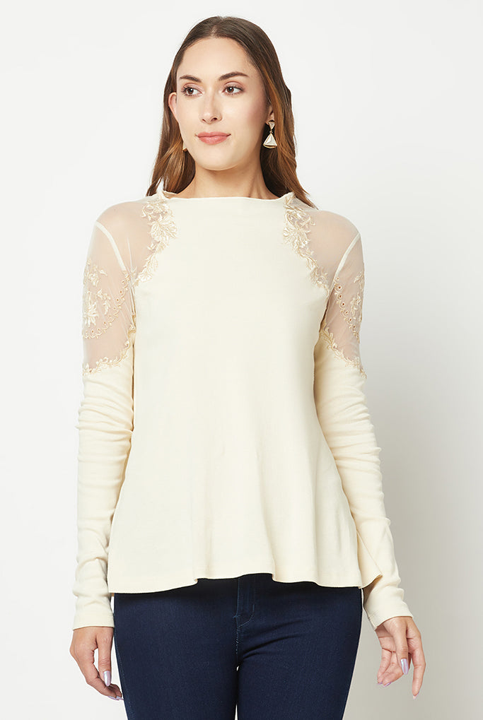 Power Mesh Ivory Embroidered Top