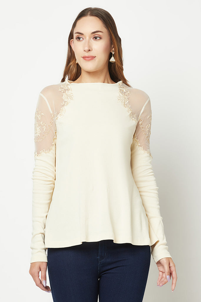 Power Mesh Ivory Embroidered Top