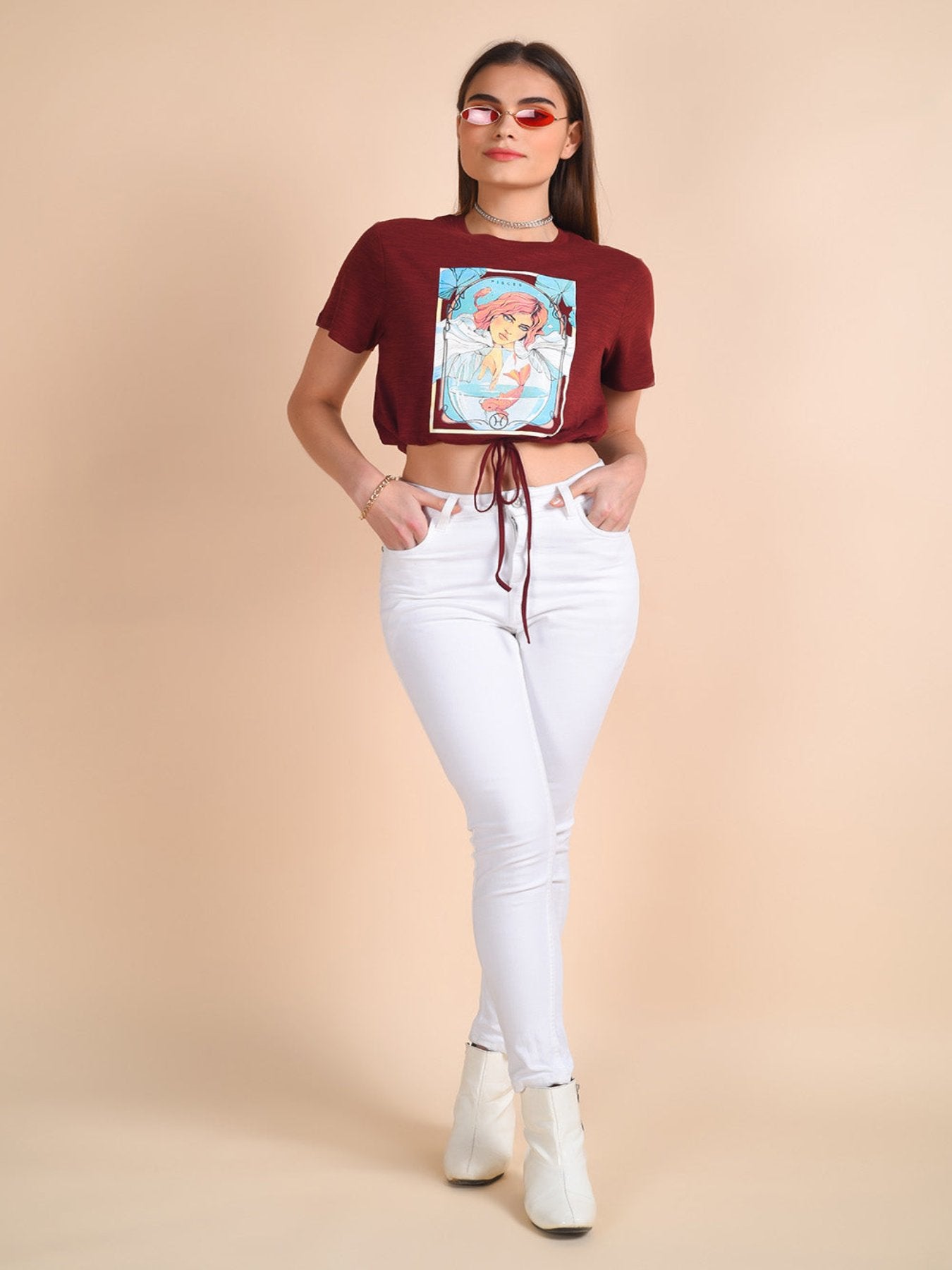 Maroon Pisces Zodiac Printed Crop Top