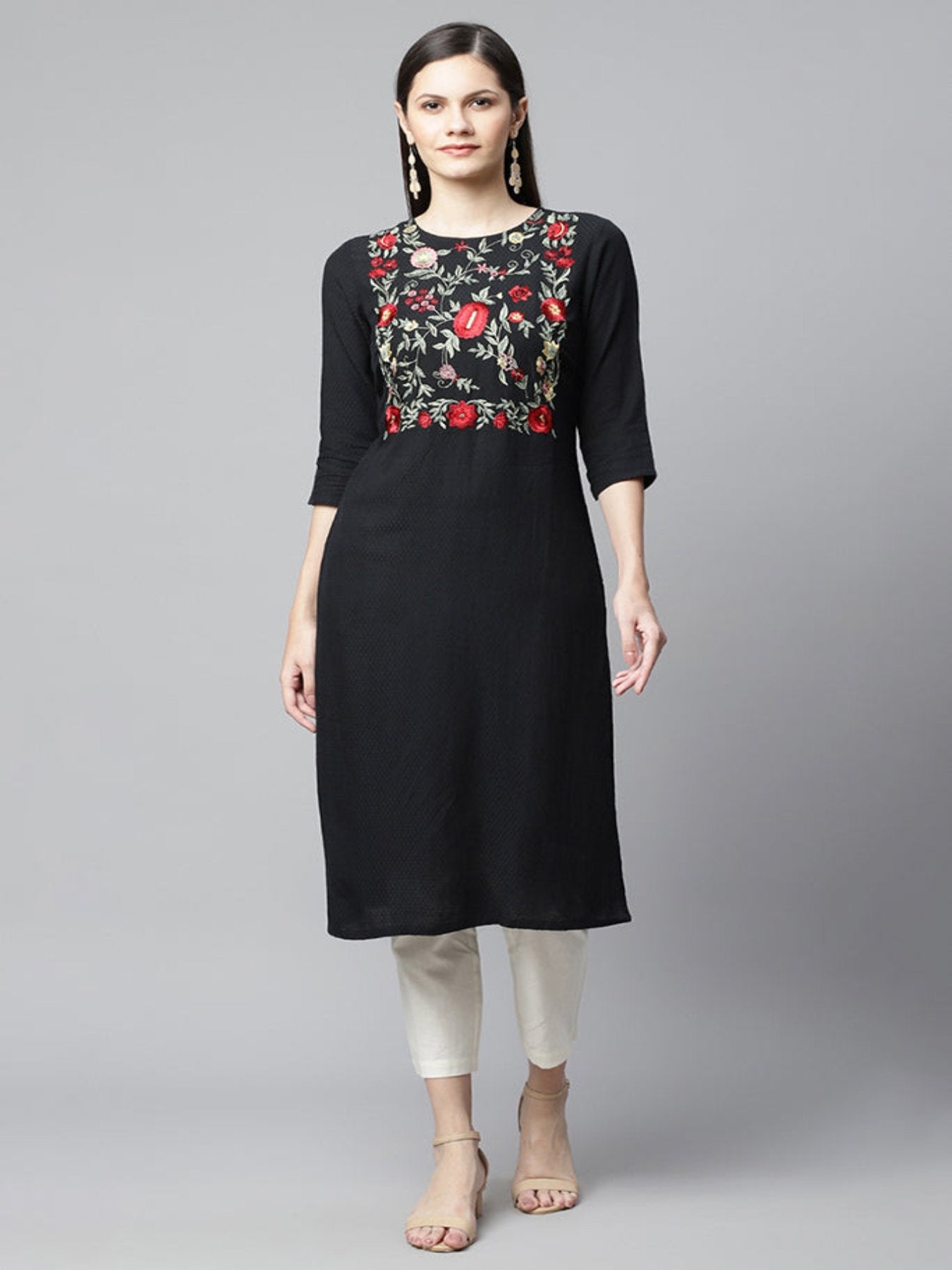 Black Straight Kurta With Multi Emb