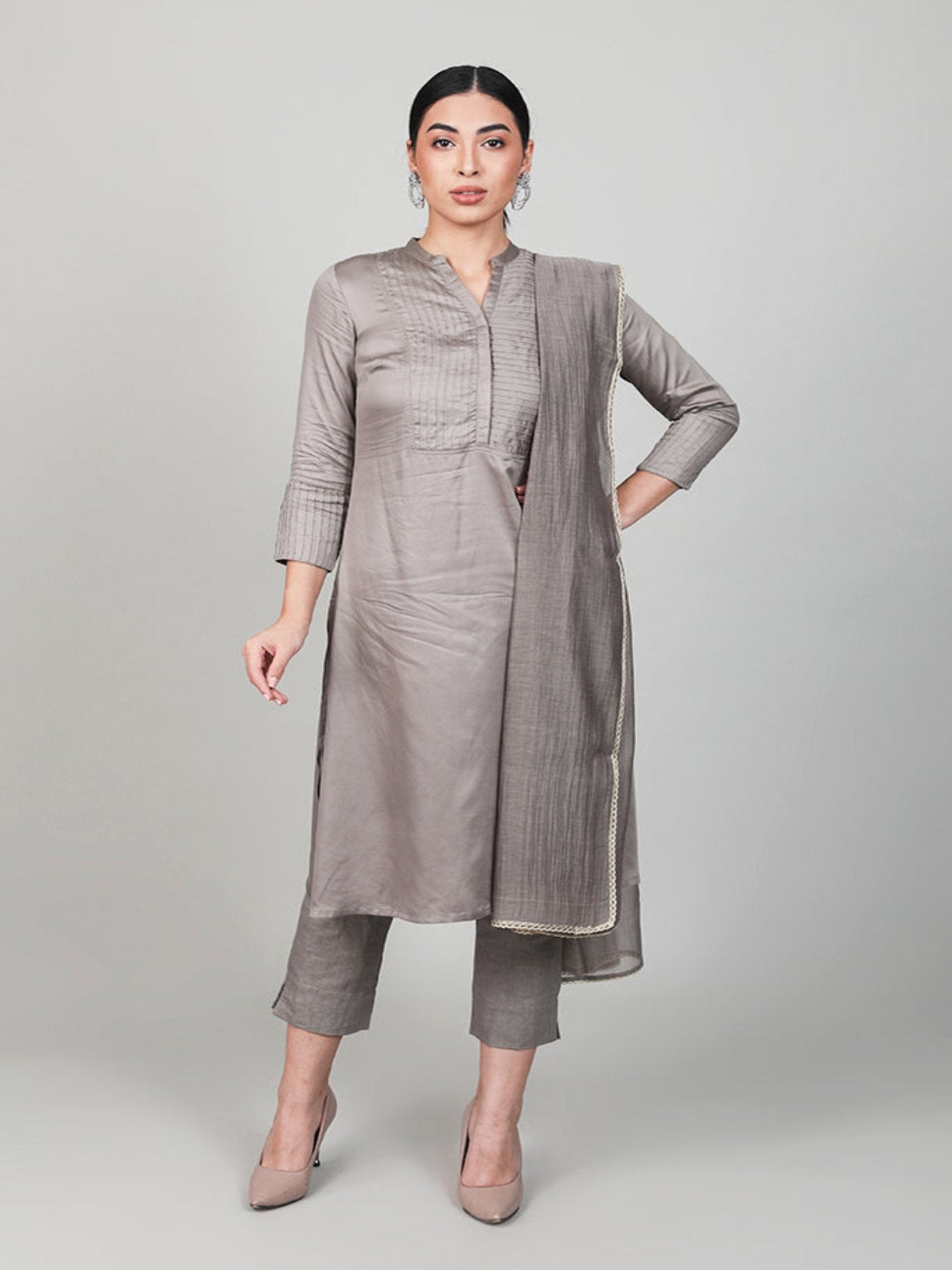 Mink Grey Pleated Kurta Set