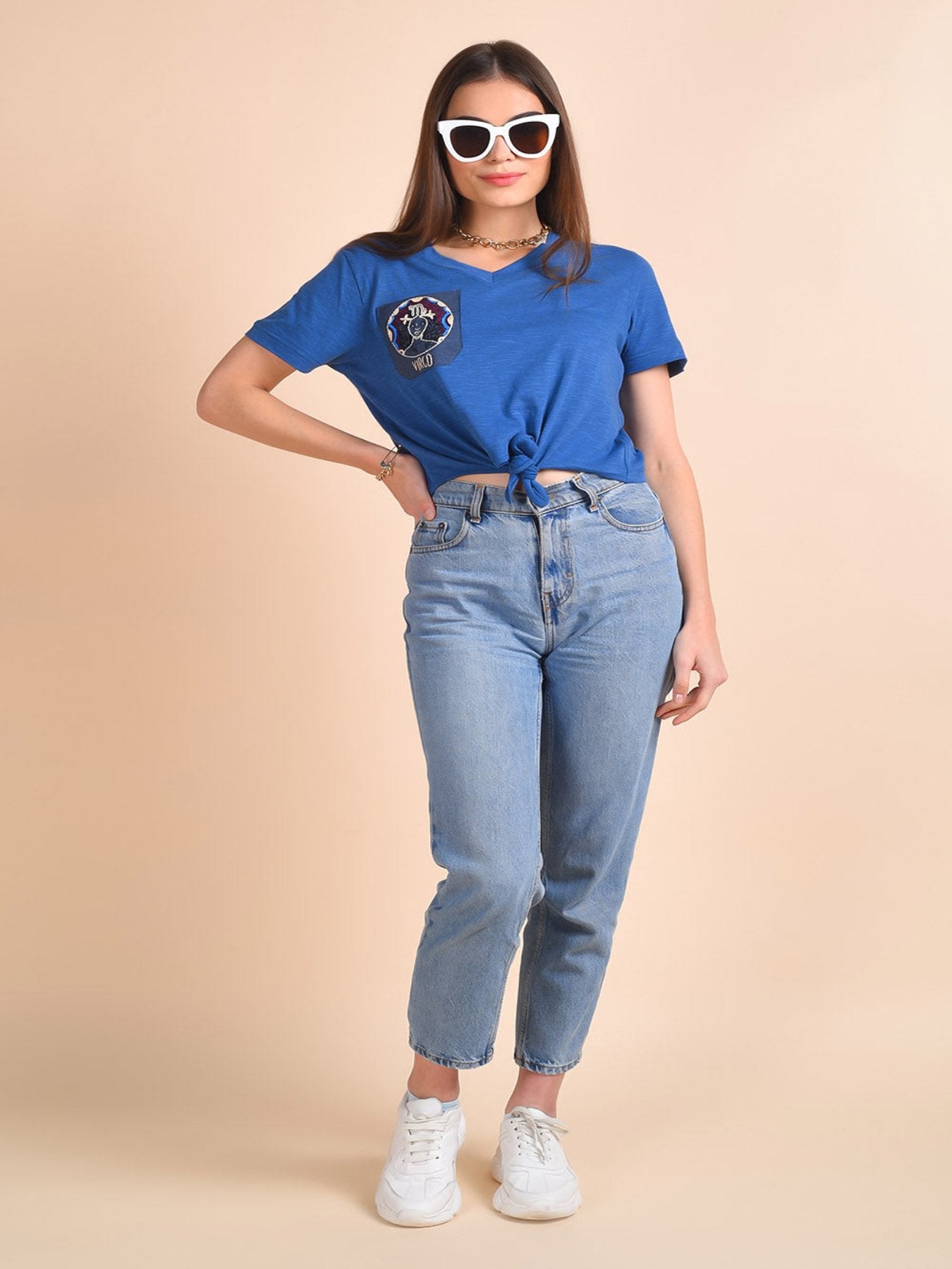 Blue Embroidered Virgo Zodiac Crop-Top