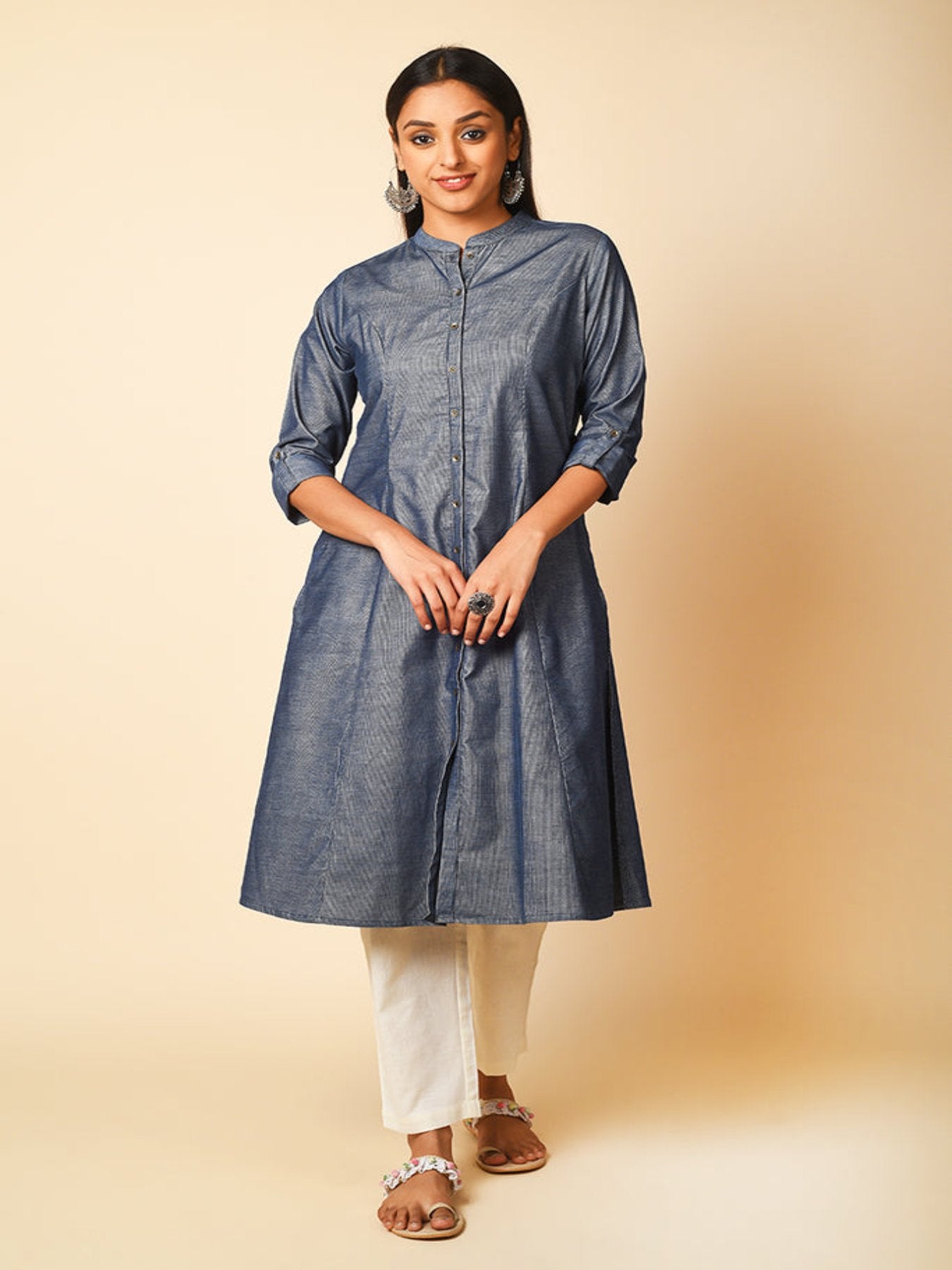 Denim Blue Casual Women A-Line Kurta, Flared Kurta Set 