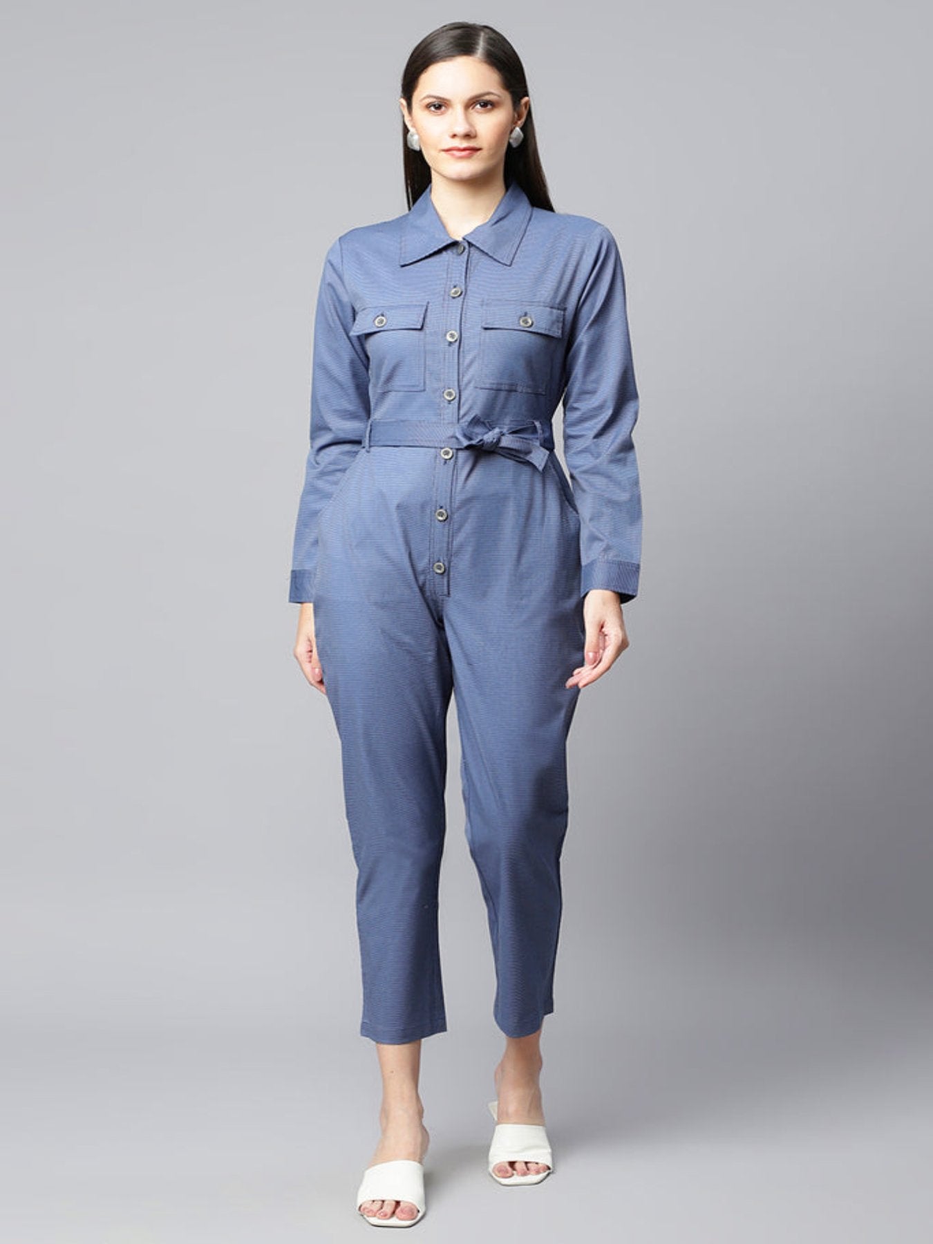 Blue Textured Jumpsuit, jumpsuit for girls