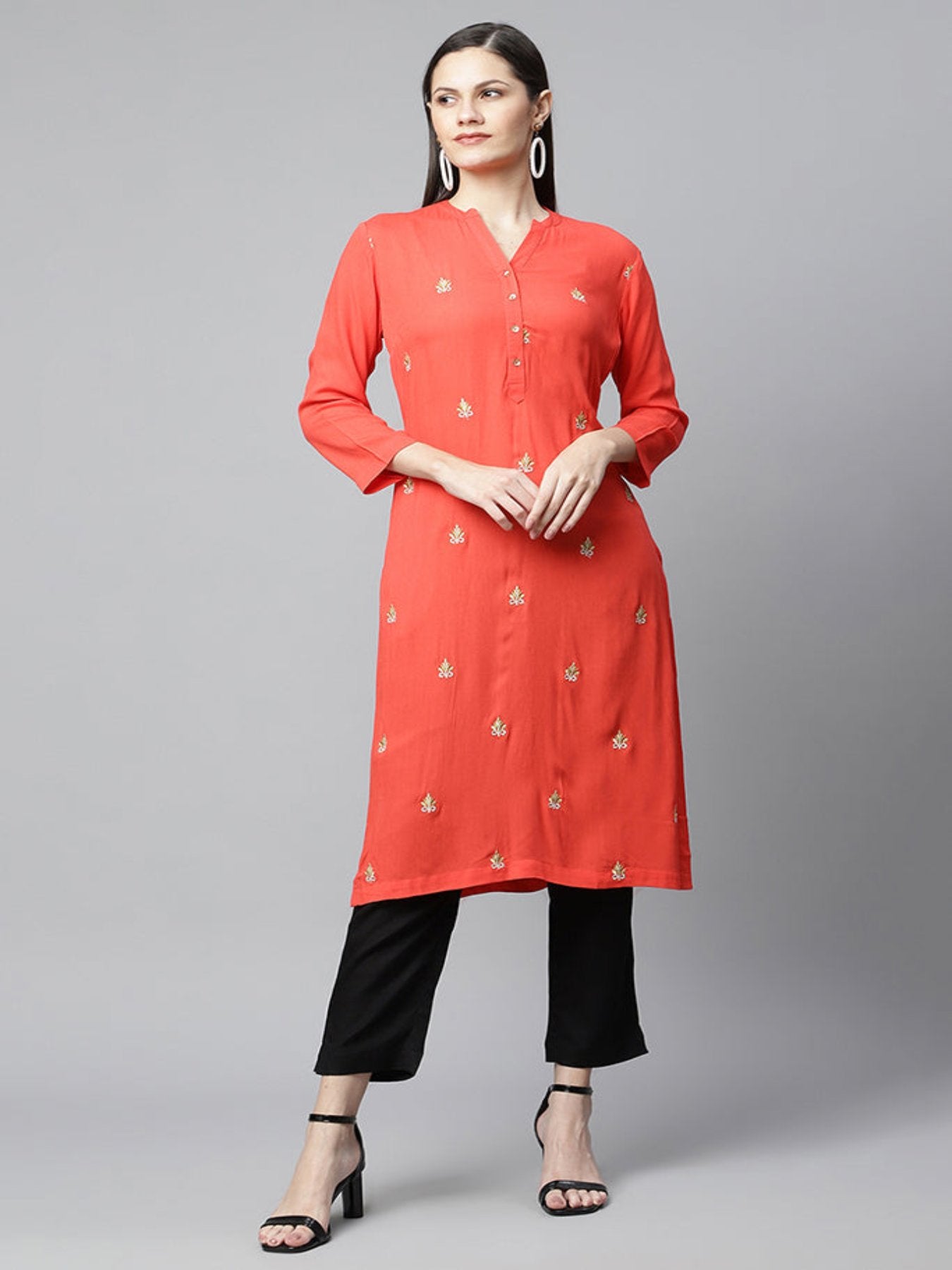 Red Emb Straight Kurta