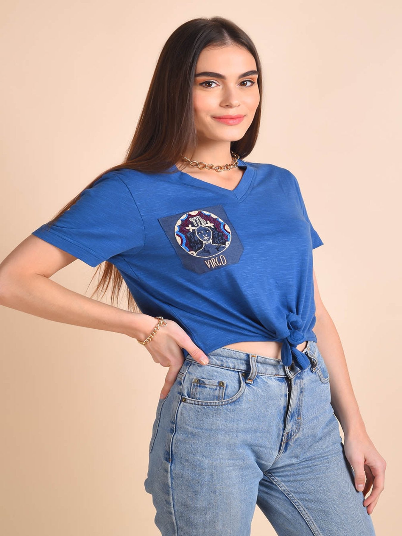 Blue Embroidered Virgo Zodiac Crop-Top