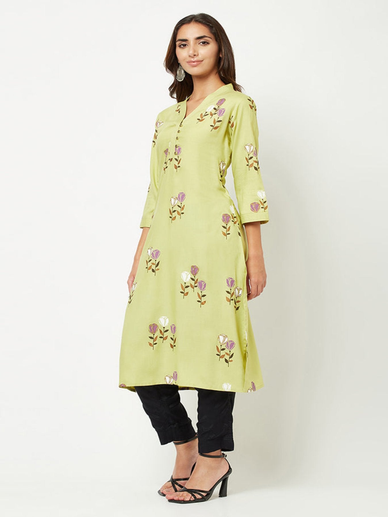 Lime Green Floral Printed Kurta