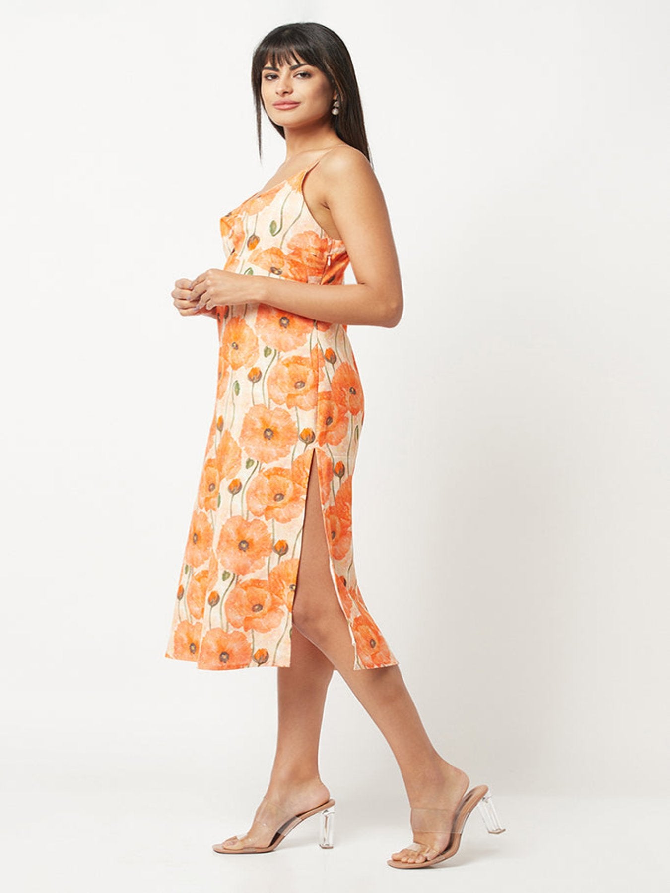 Orange Floral Shoulder Strap Dress