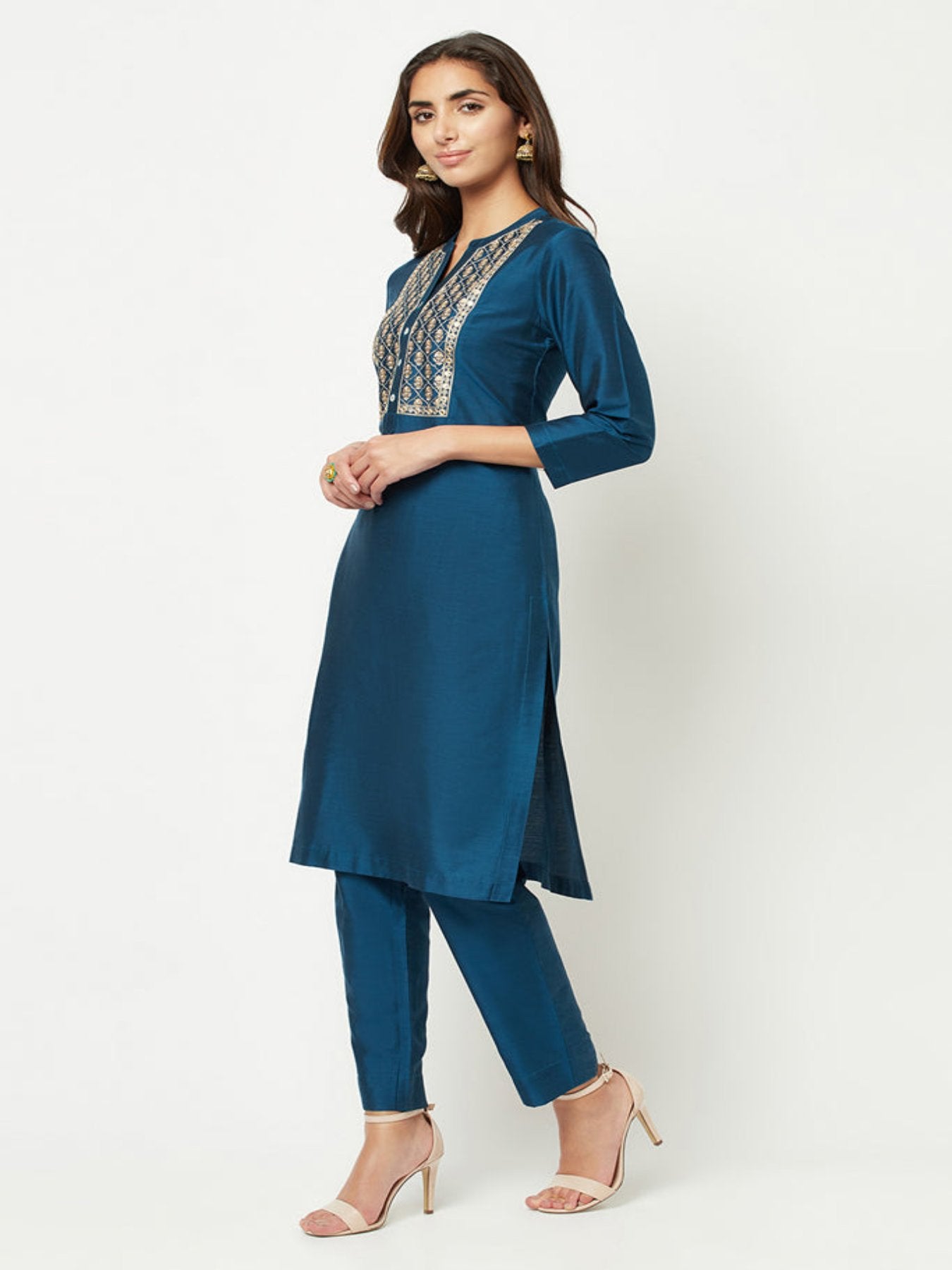 Teal Blue Yoke Embroidered Silk Kurta Set