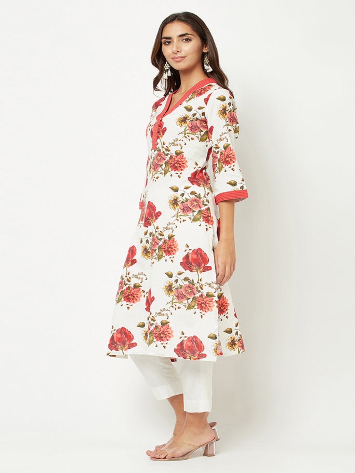 Red And White Floral Kurta