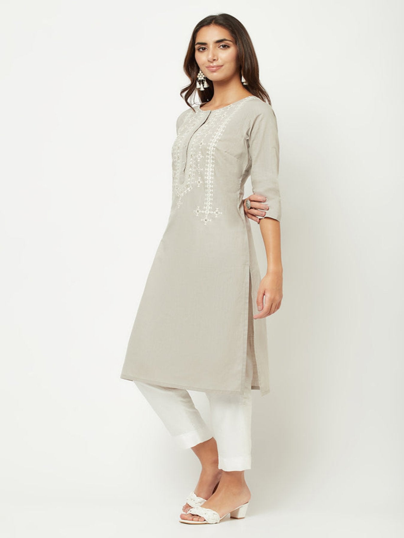 Grey Yoke Embroidered Kurta