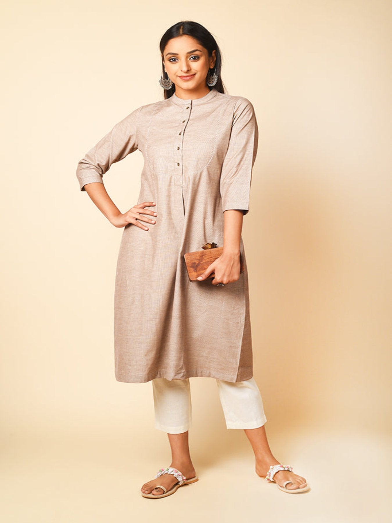 Fold Sleeves Beige Casual Women Kurti