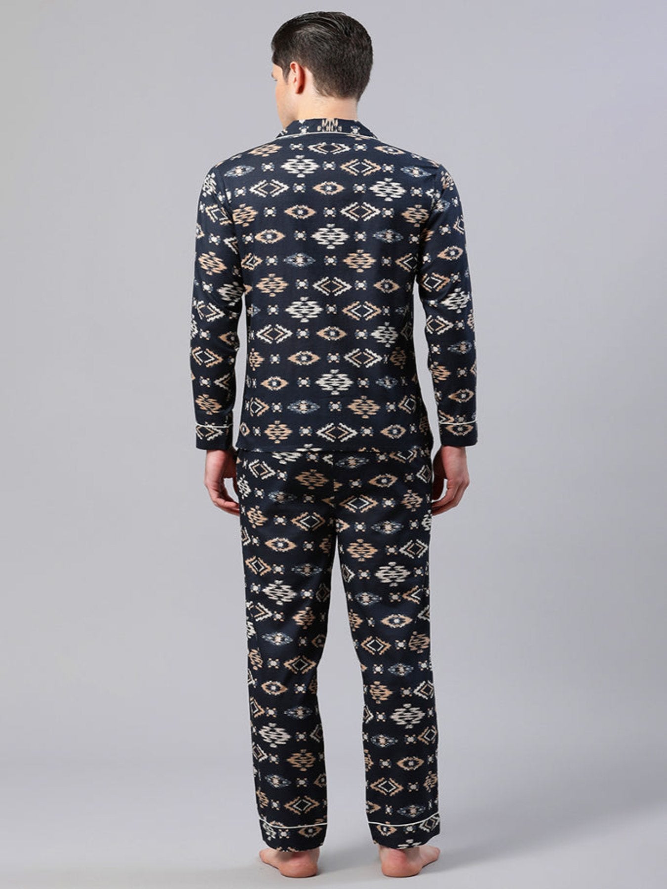 Men Navy Blue Ikkat Print Loungewear Set