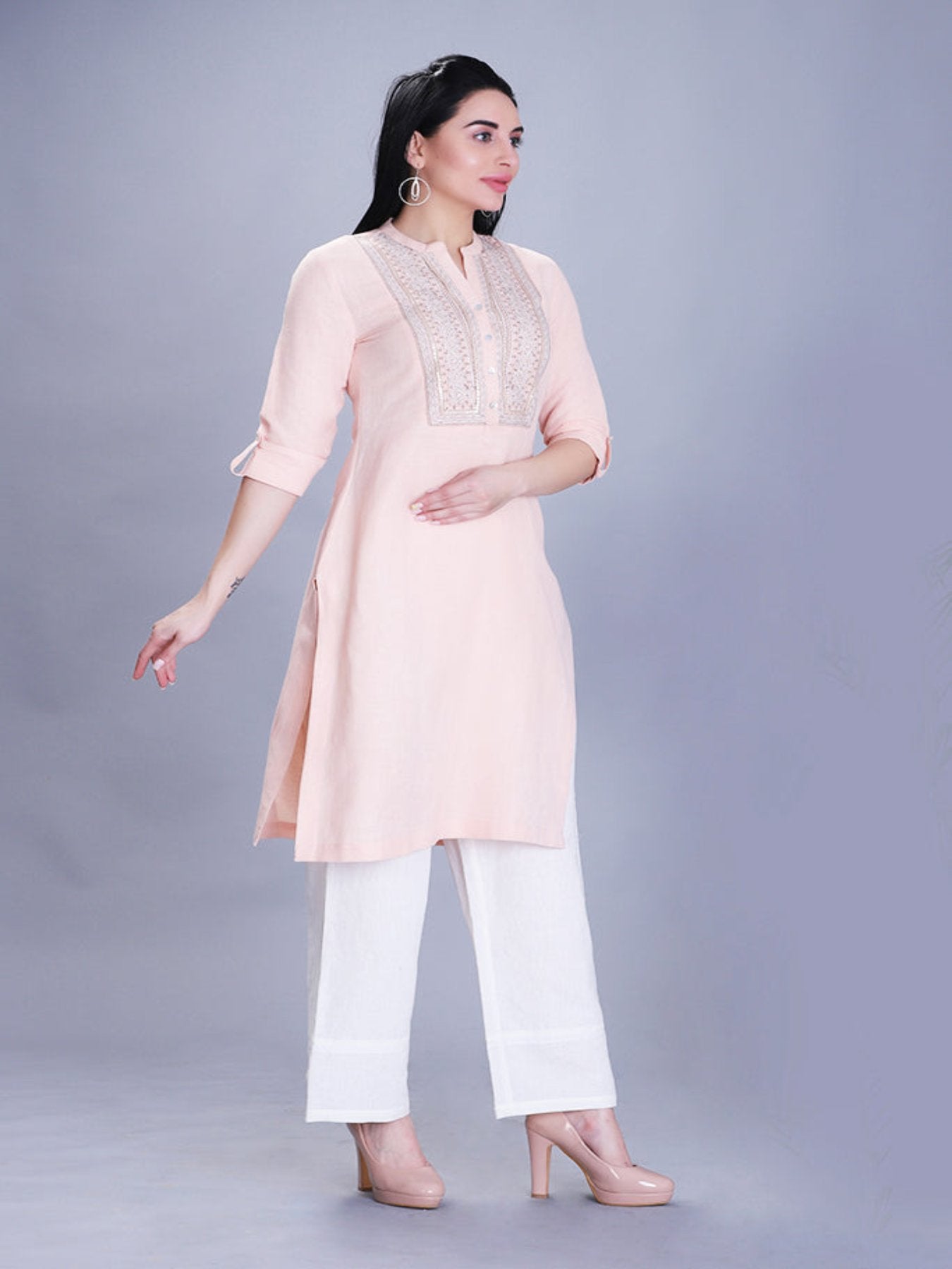 Peachy Fusion Kurta With Sequin Work