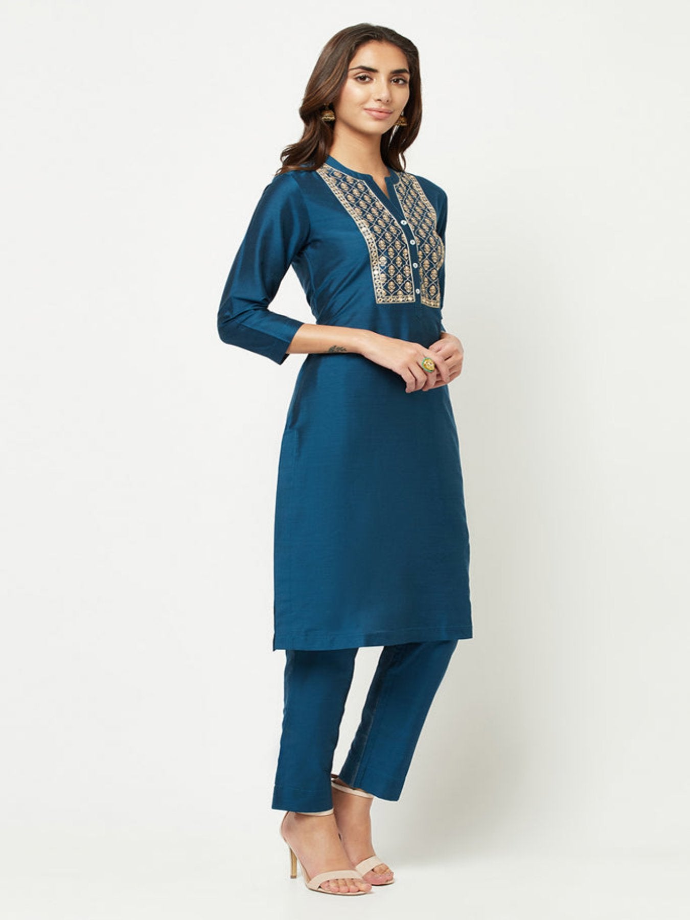 Teal Blue Yoke Embroidered Silk Kurta Set