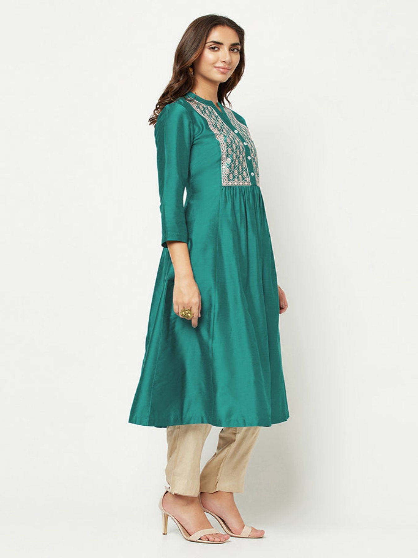 Teal Green Embroidered Flared Kurta