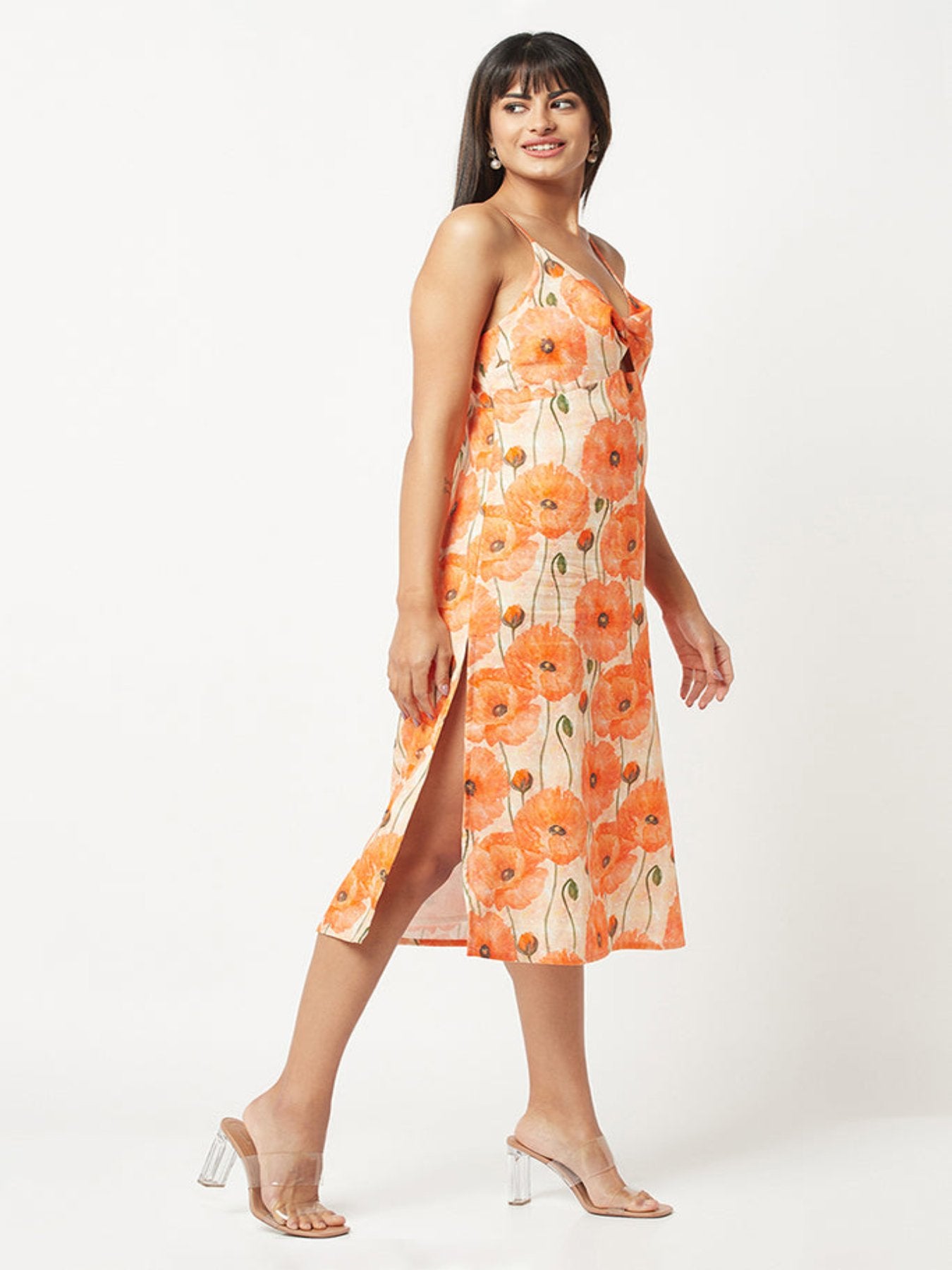 Orange Floral Shoulder Strap Dress