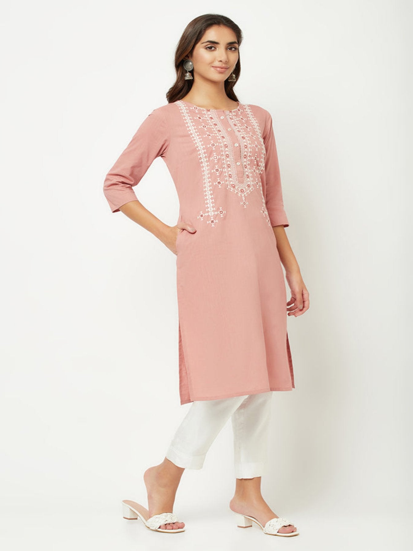 Old Rose-pink Yoke Embroidered Kurta