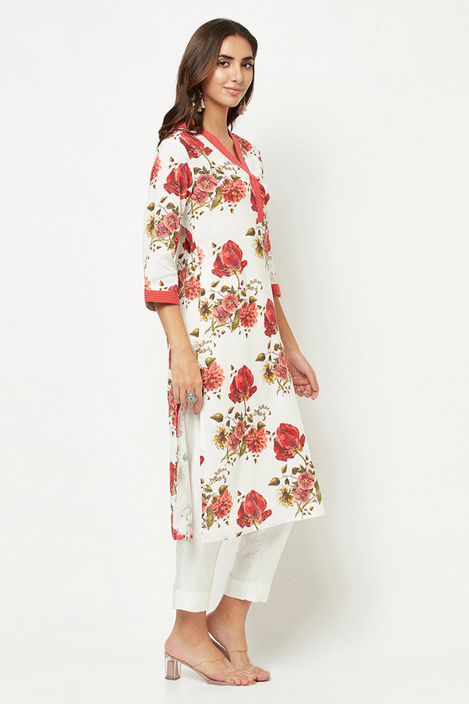 Red And White Floral Kurta