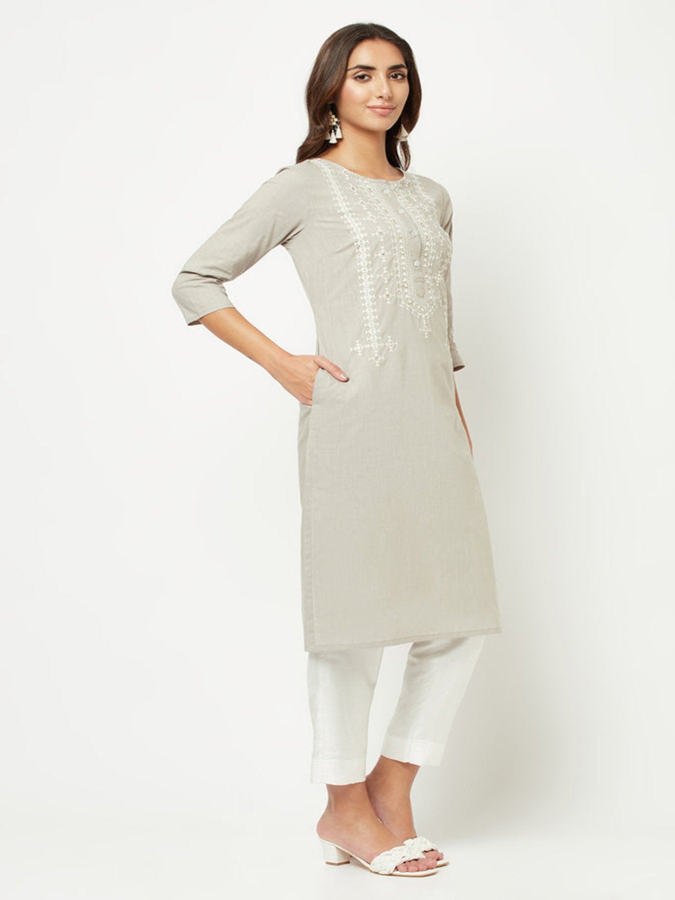 Grey Yoke Embroidered Kurta