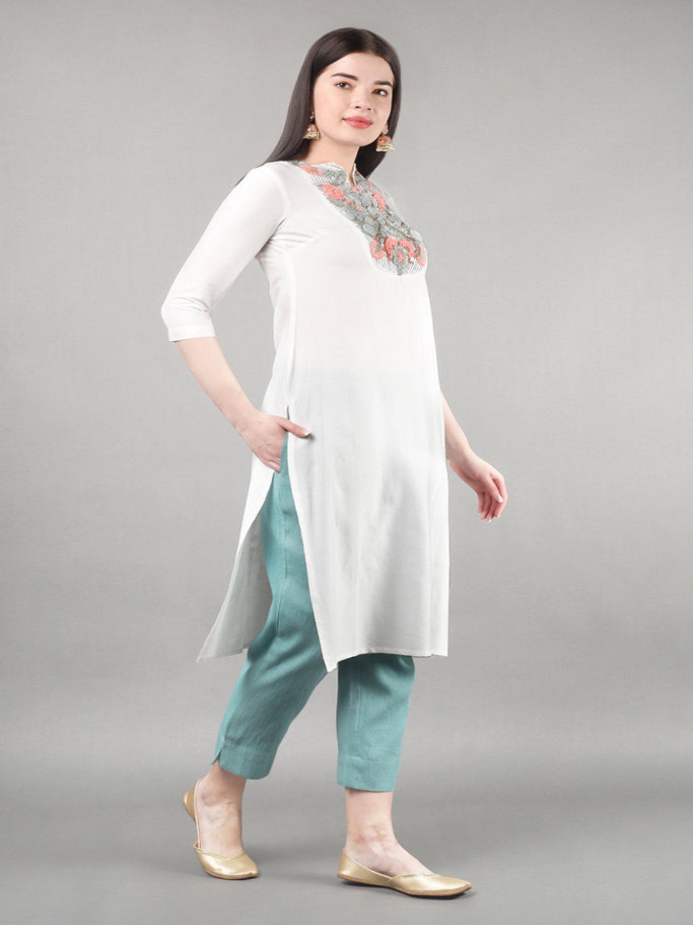 White & Blue Straight Kurta Set