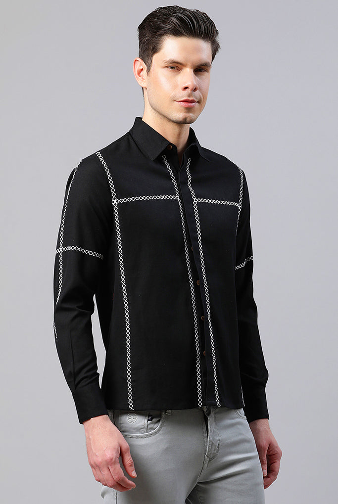 Men Black Cross-Stitch Embroidered Shirt