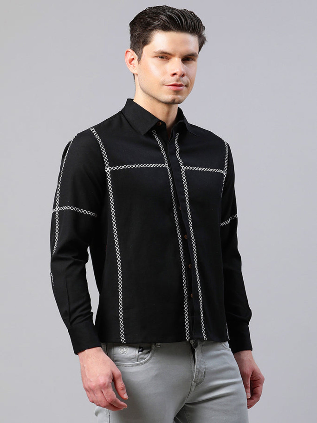 Men Black Cross-Stitch Embroidered Shirt