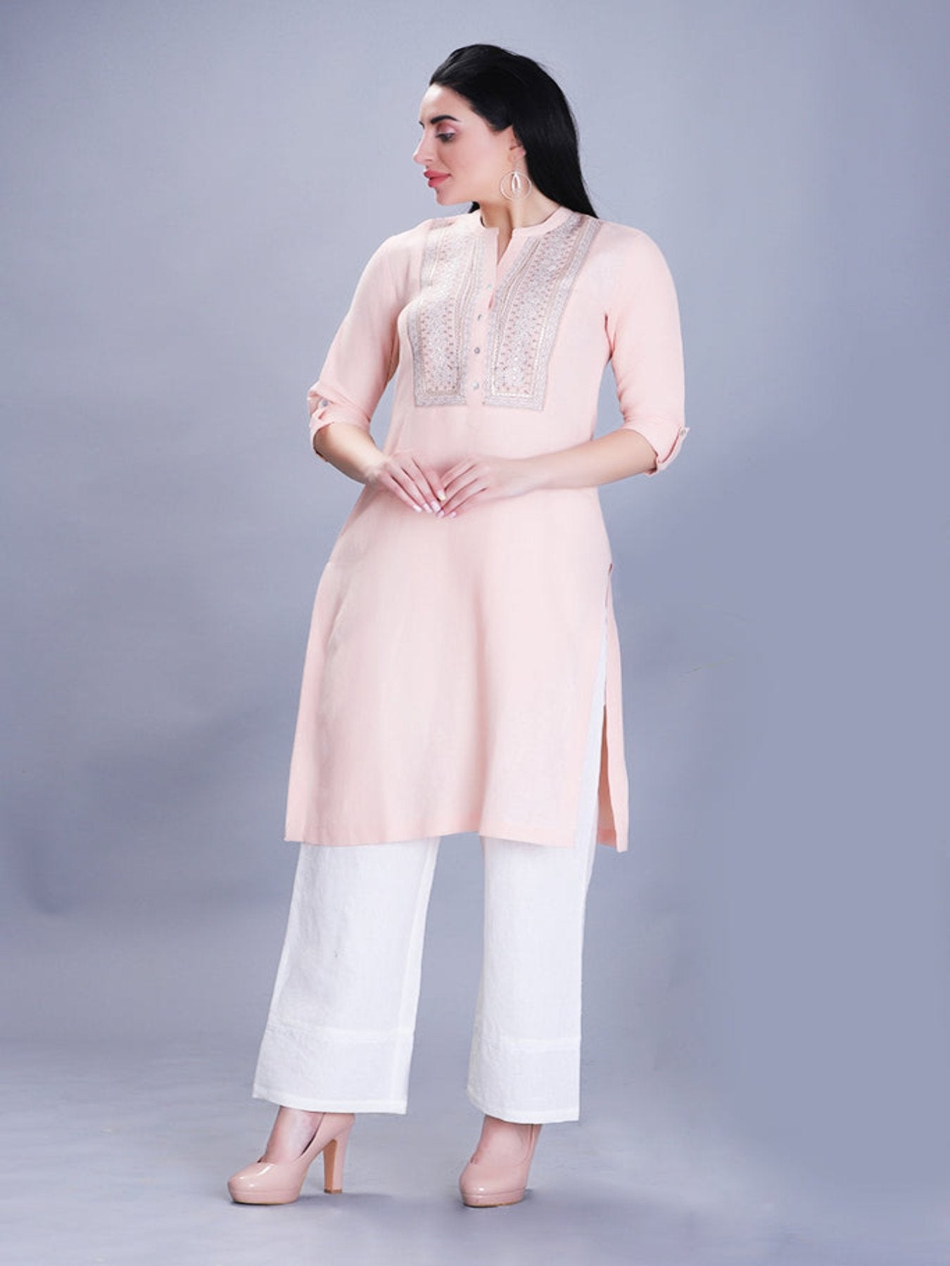 Peachy Fusion Kurta With Sequin Work