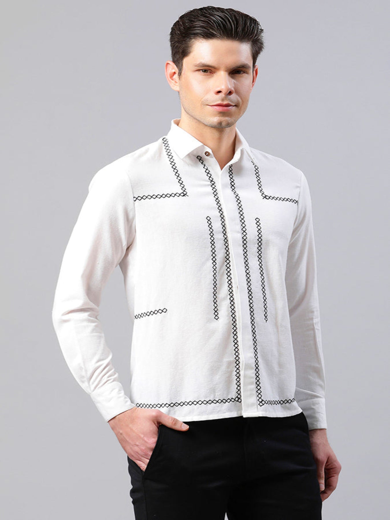 Classy White Cross-Stitch Embroidered Shirt