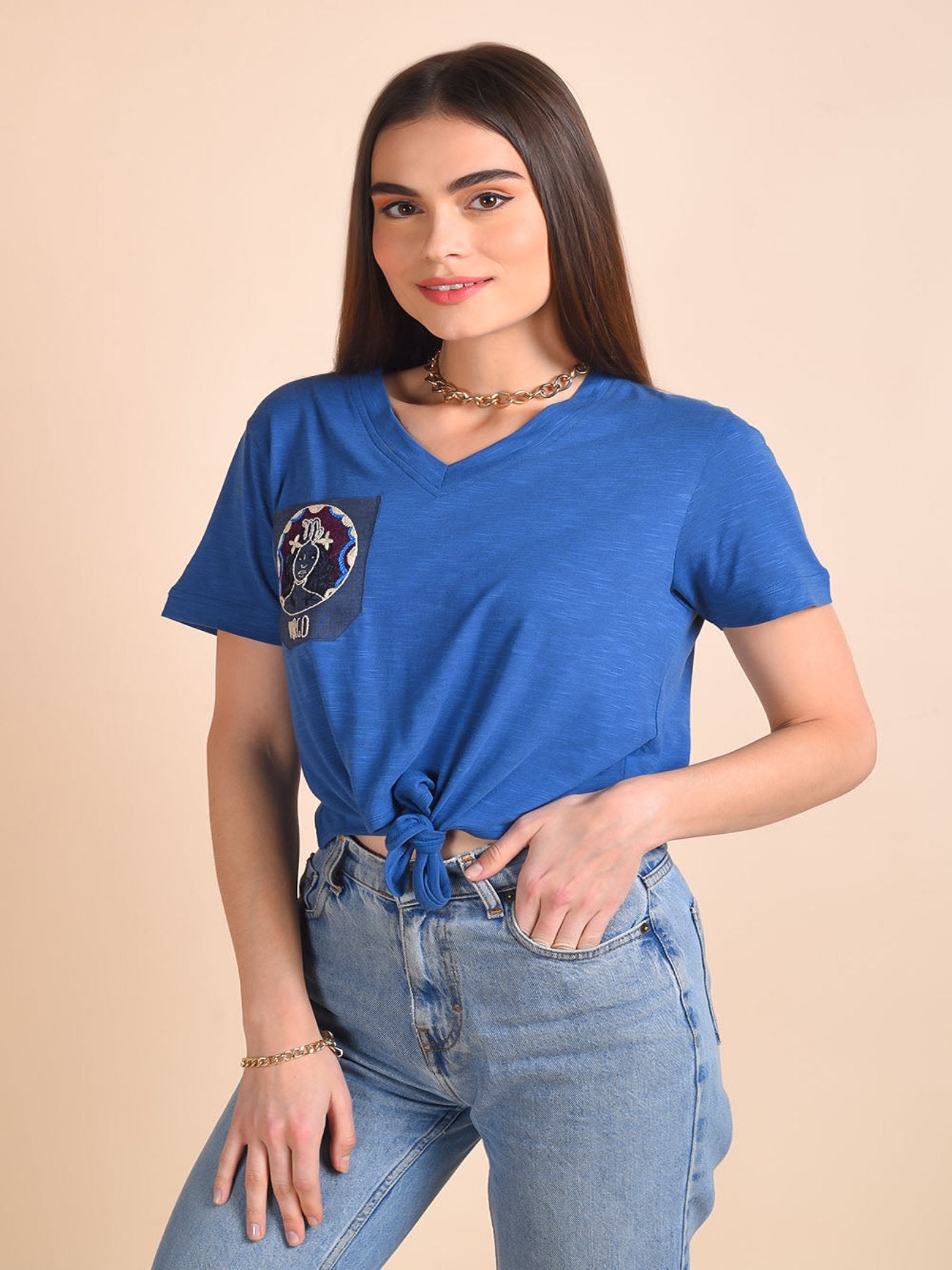 Blue Embroidered Virgo Zodiac Crop-Top