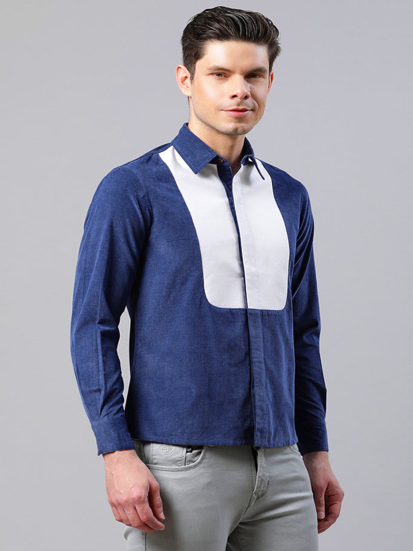 Men Blue And White Straight Fit Corduroy Shirt