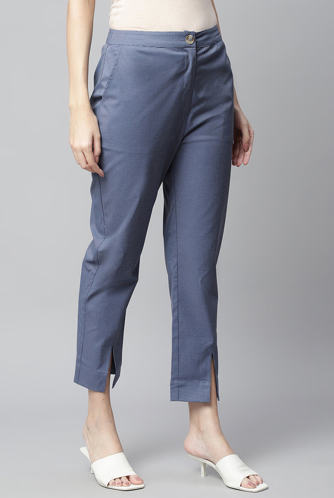 Blue Textured Straight-Fit Pant