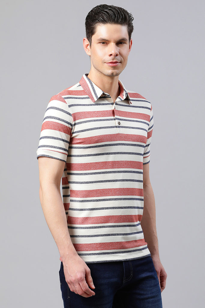 White And Coral Polo Collar Casual T-Shirt