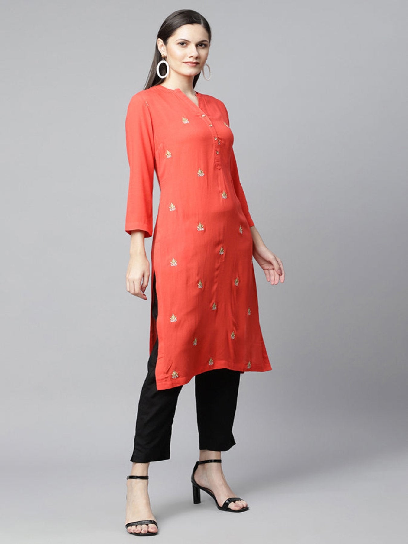 Red Emb Straight Kurta+