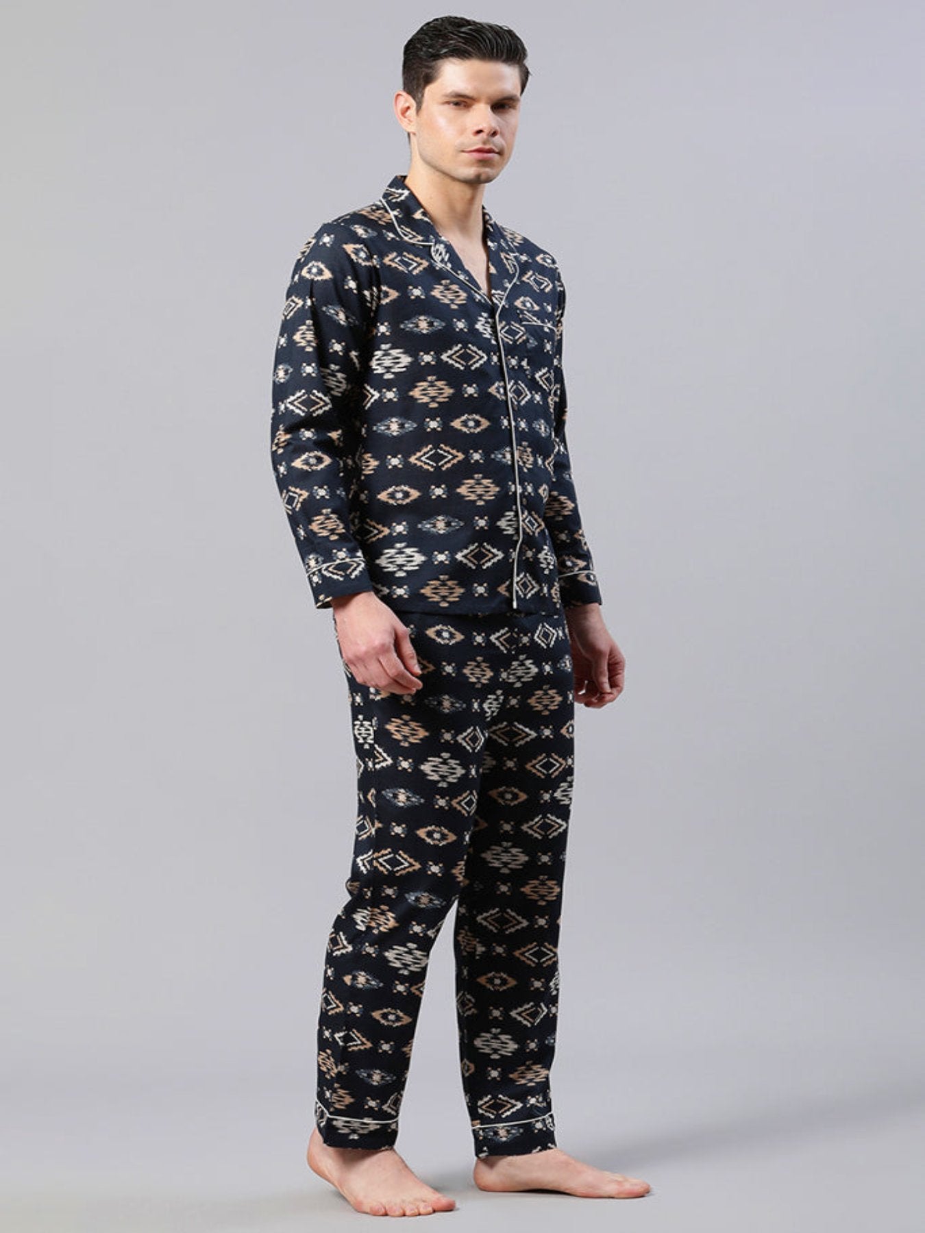 Men Navy Blue Ikkat Print Loungewear Set