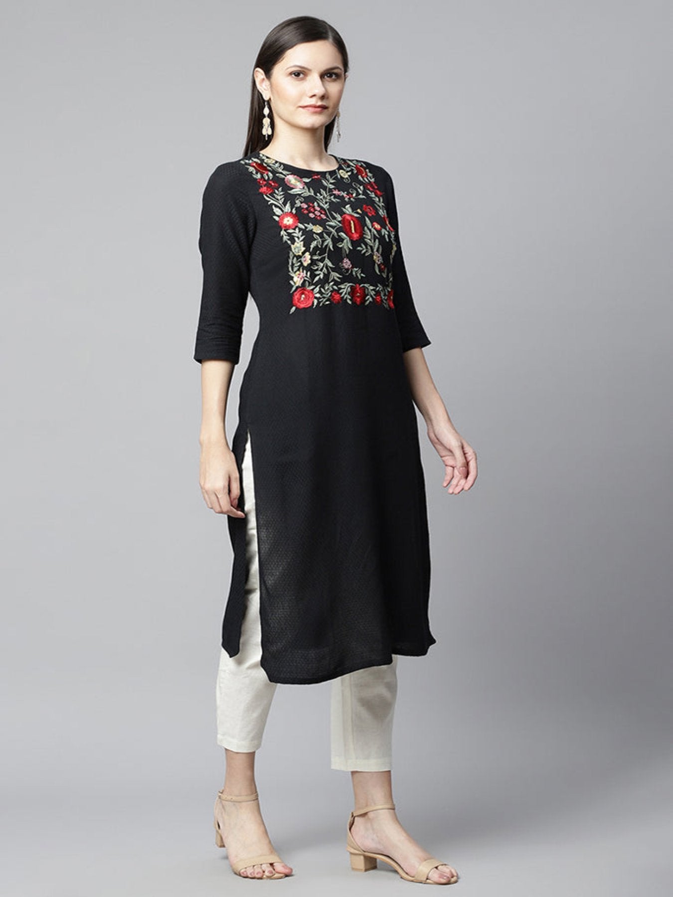 Black Straight Kurta With Multi Emb