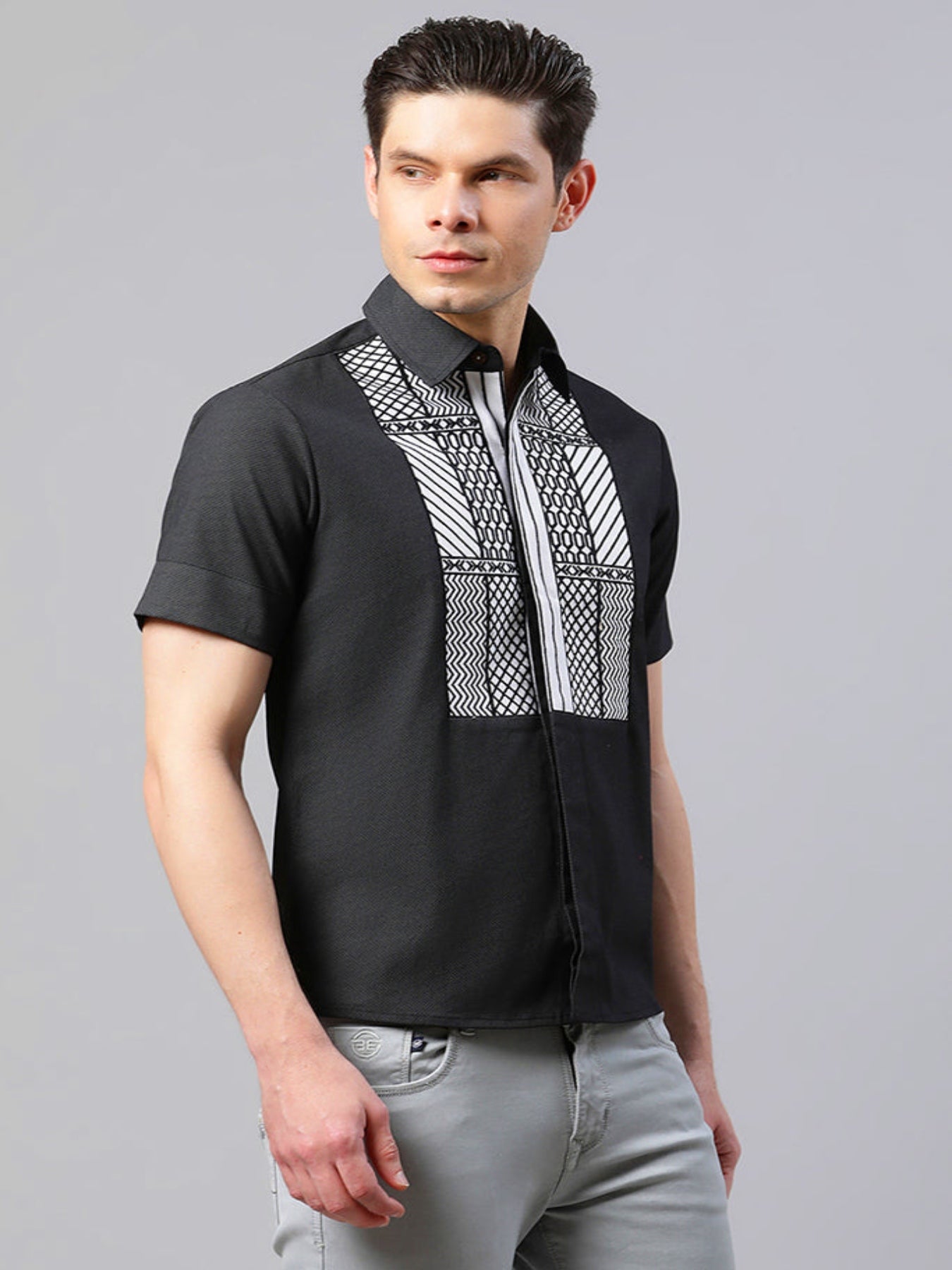 Black Yoke Embroidered Straight Fit Shirt