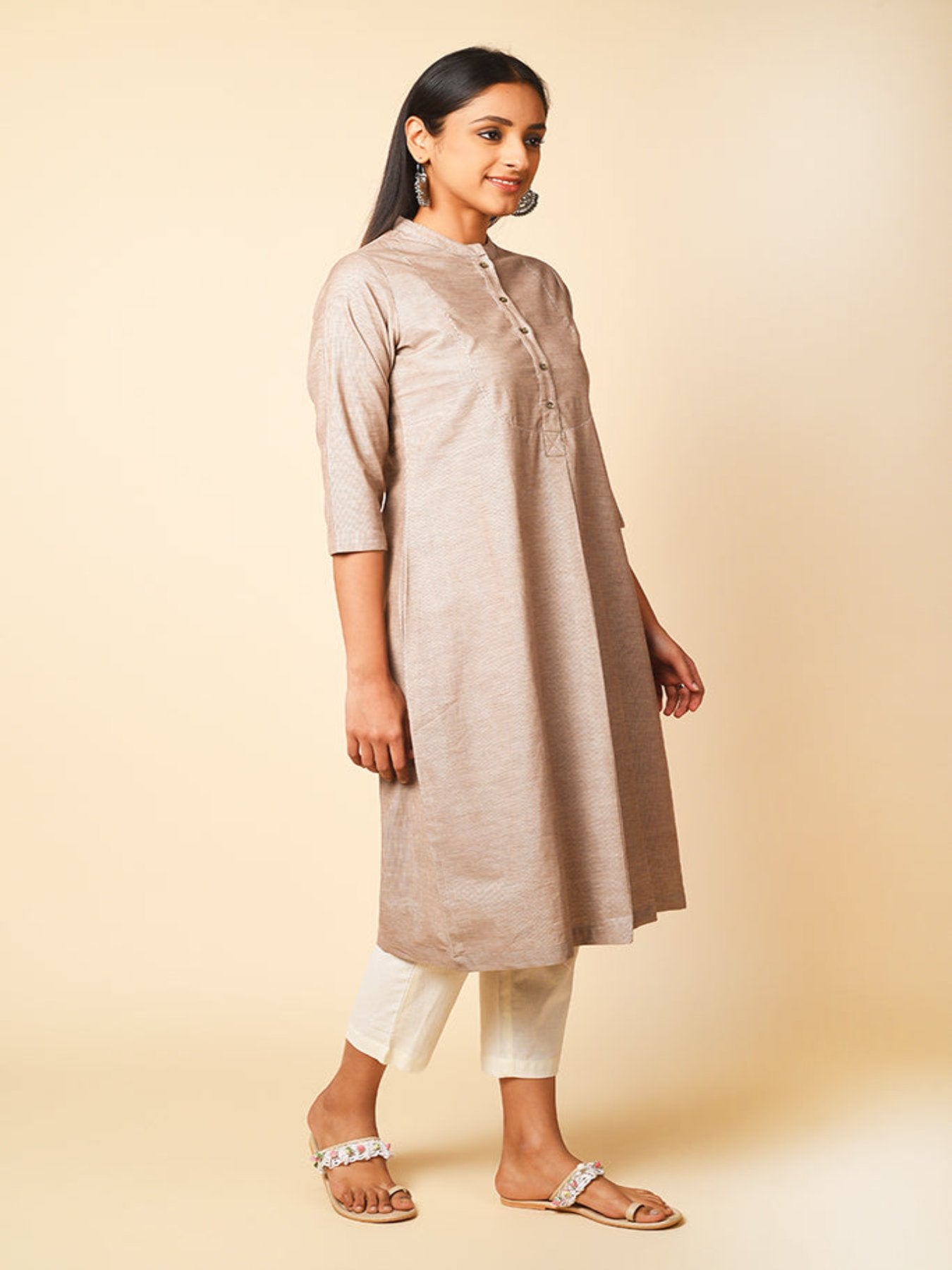 Fold Sleeves Beige Casual Women Kurti