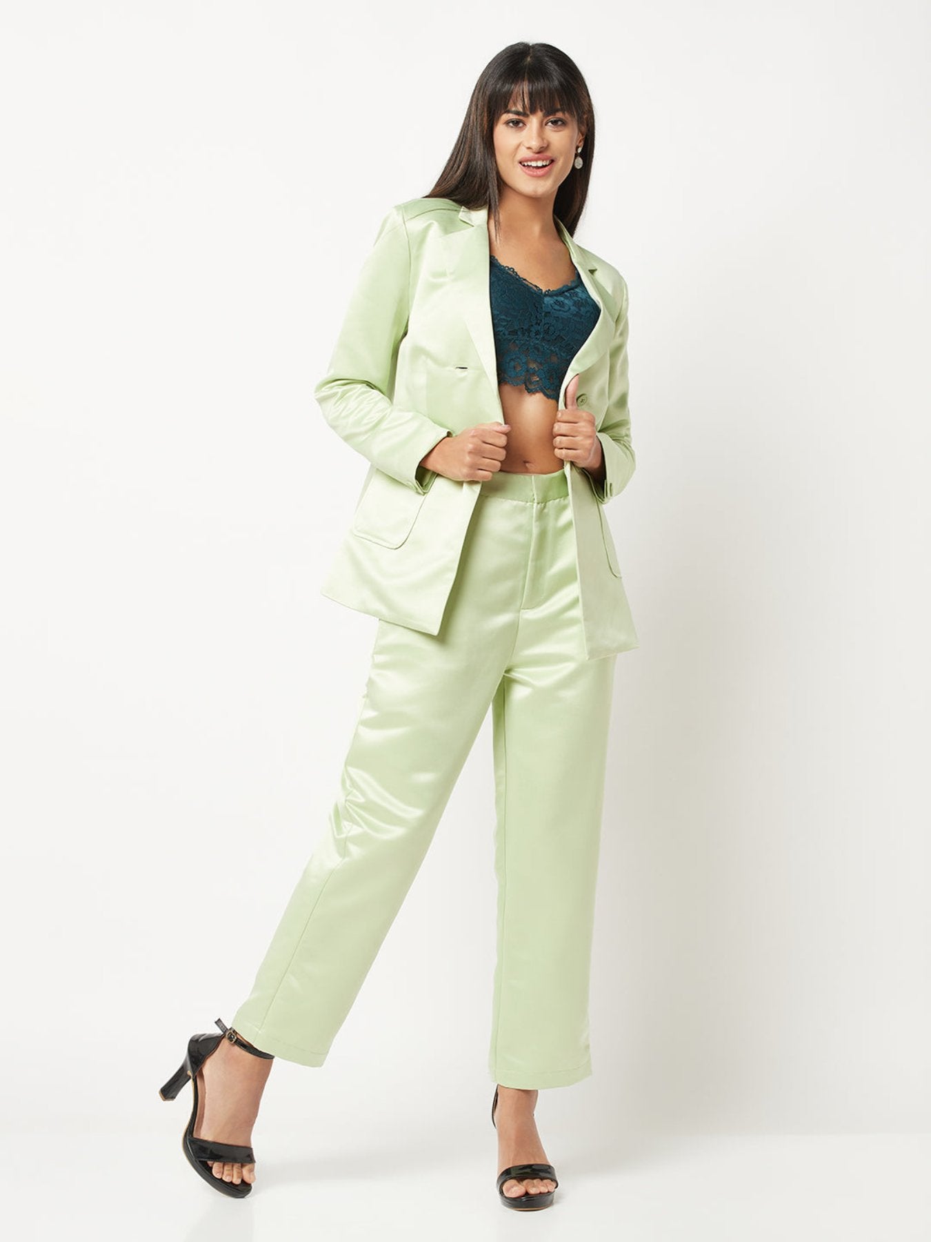 Light Green Satin Power Suit