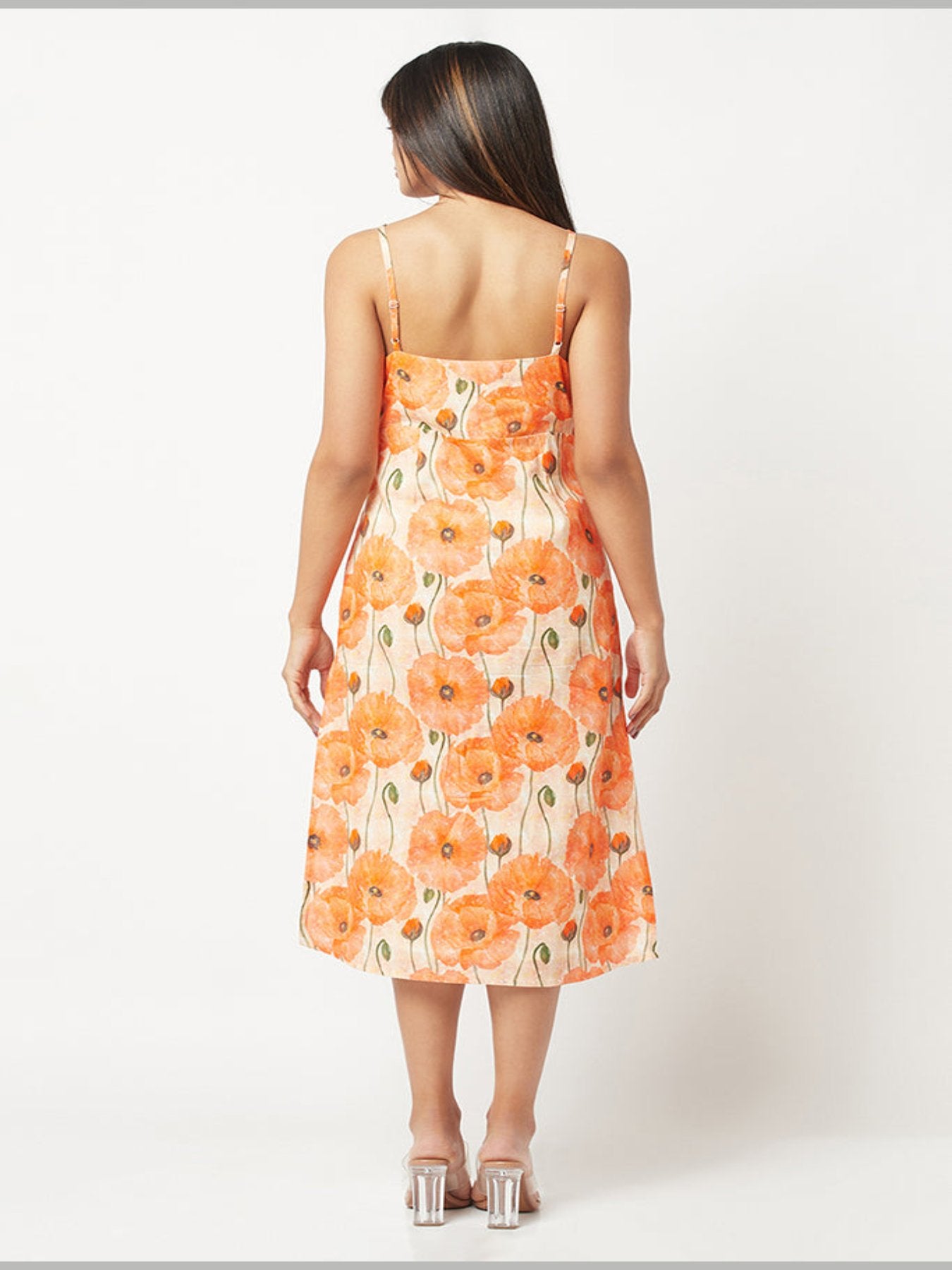 Orange Floral Shoulder Strap Dress