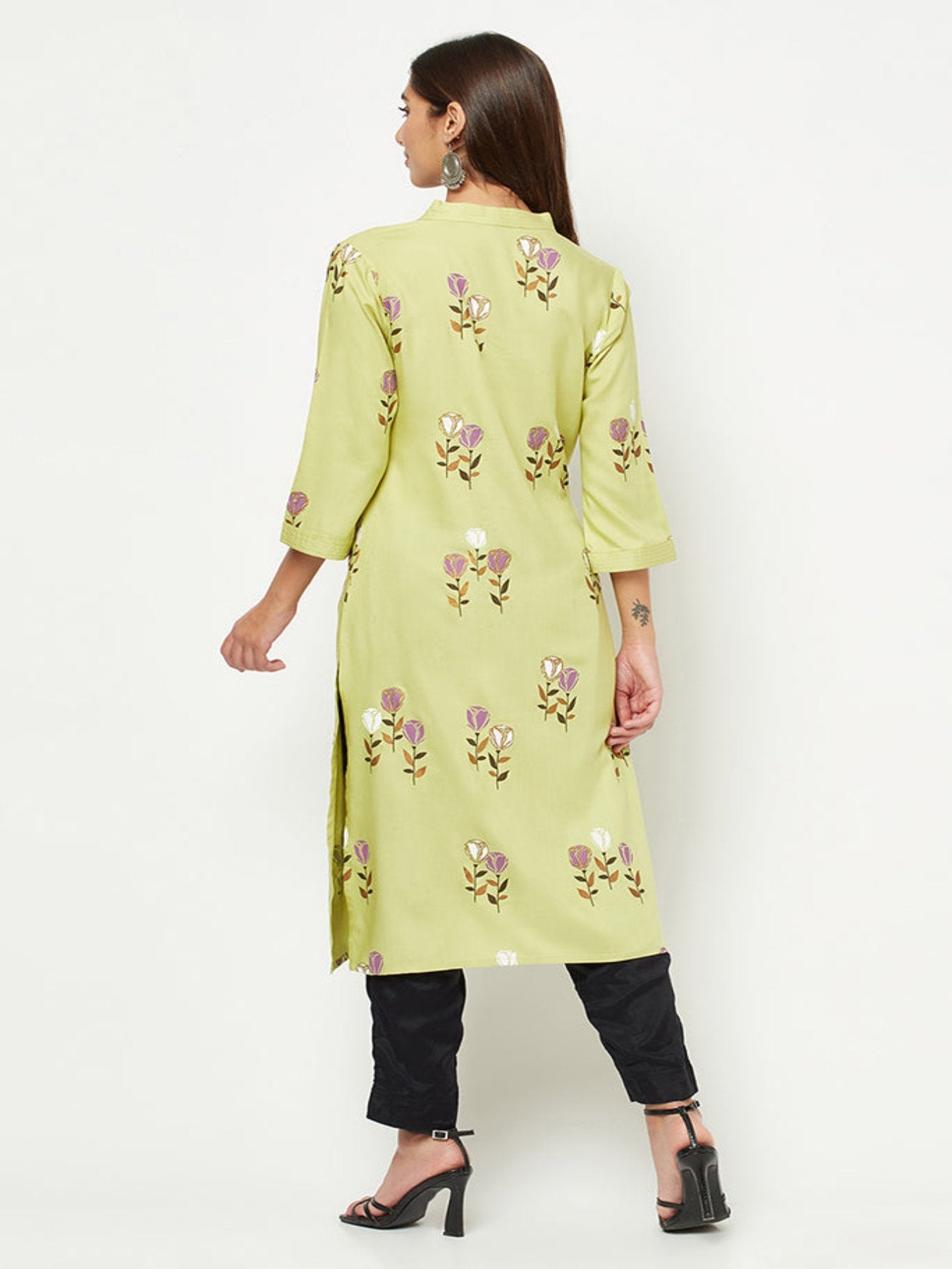 Lime Green Floral Printed Kurta