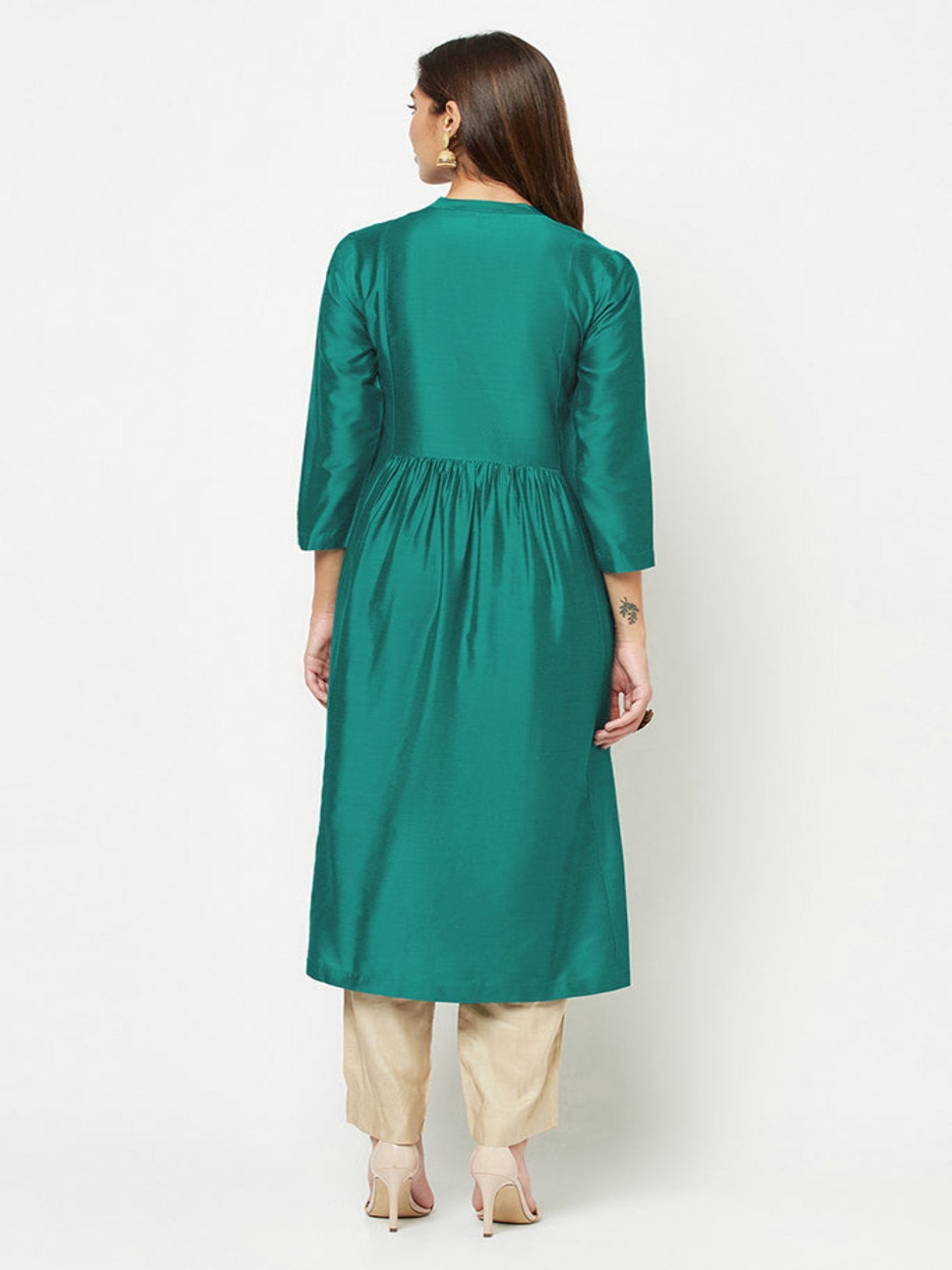 Teal Green Embroidered Flared Kurta