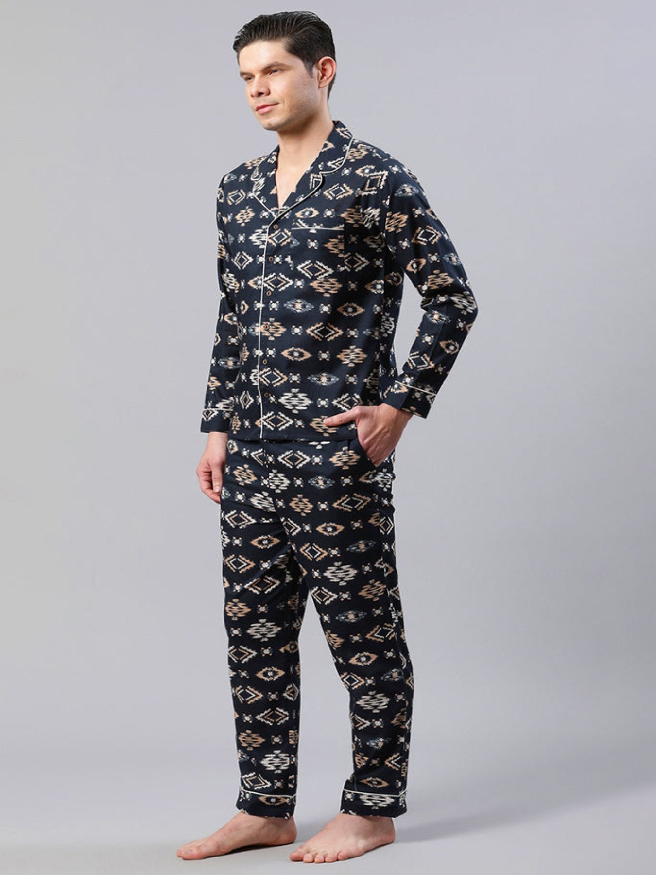 Men Navy Blue Ikkat Print Loungewear Set