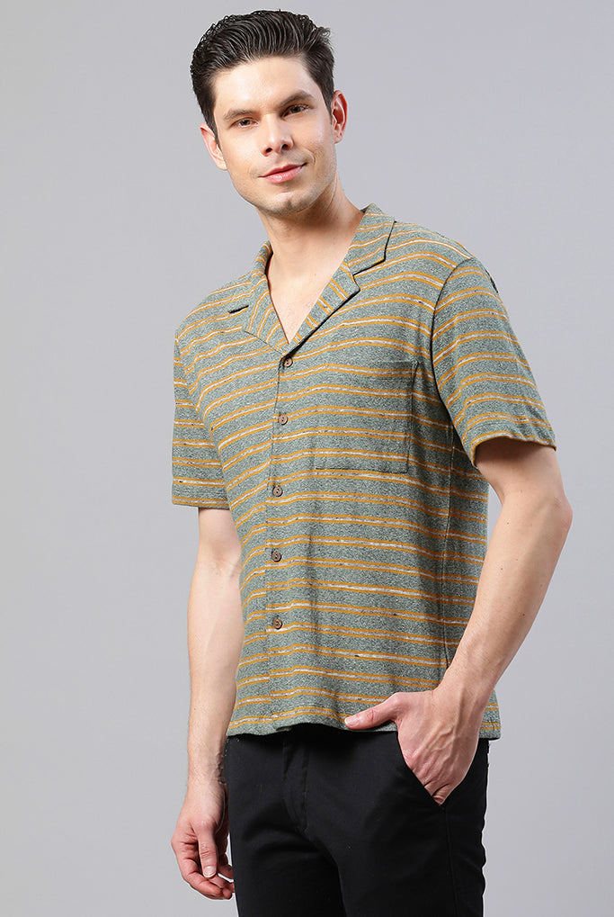 Green And Mustard Striped Casual T-Shirt